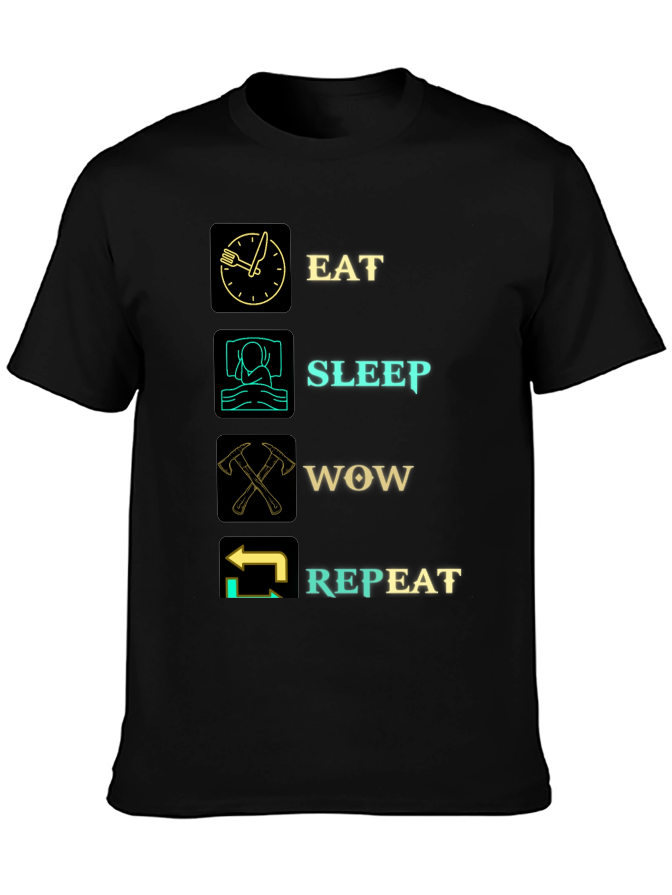 Eat Sleep WOW Repeat Black Graphic T-Shirt