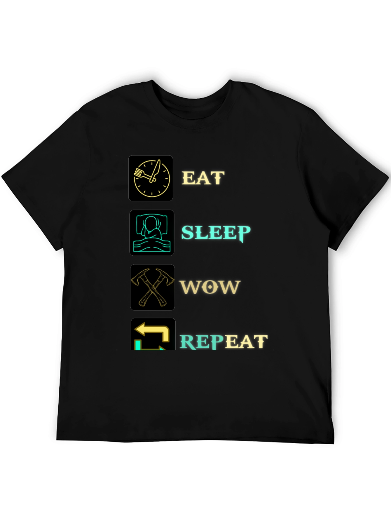 Eat Sleep WOW Repeat Black Graphic T-Shirt