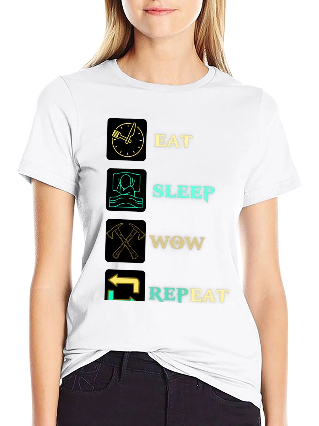 Eat Sleep WOW Repeat Black Graphic T-Shirt