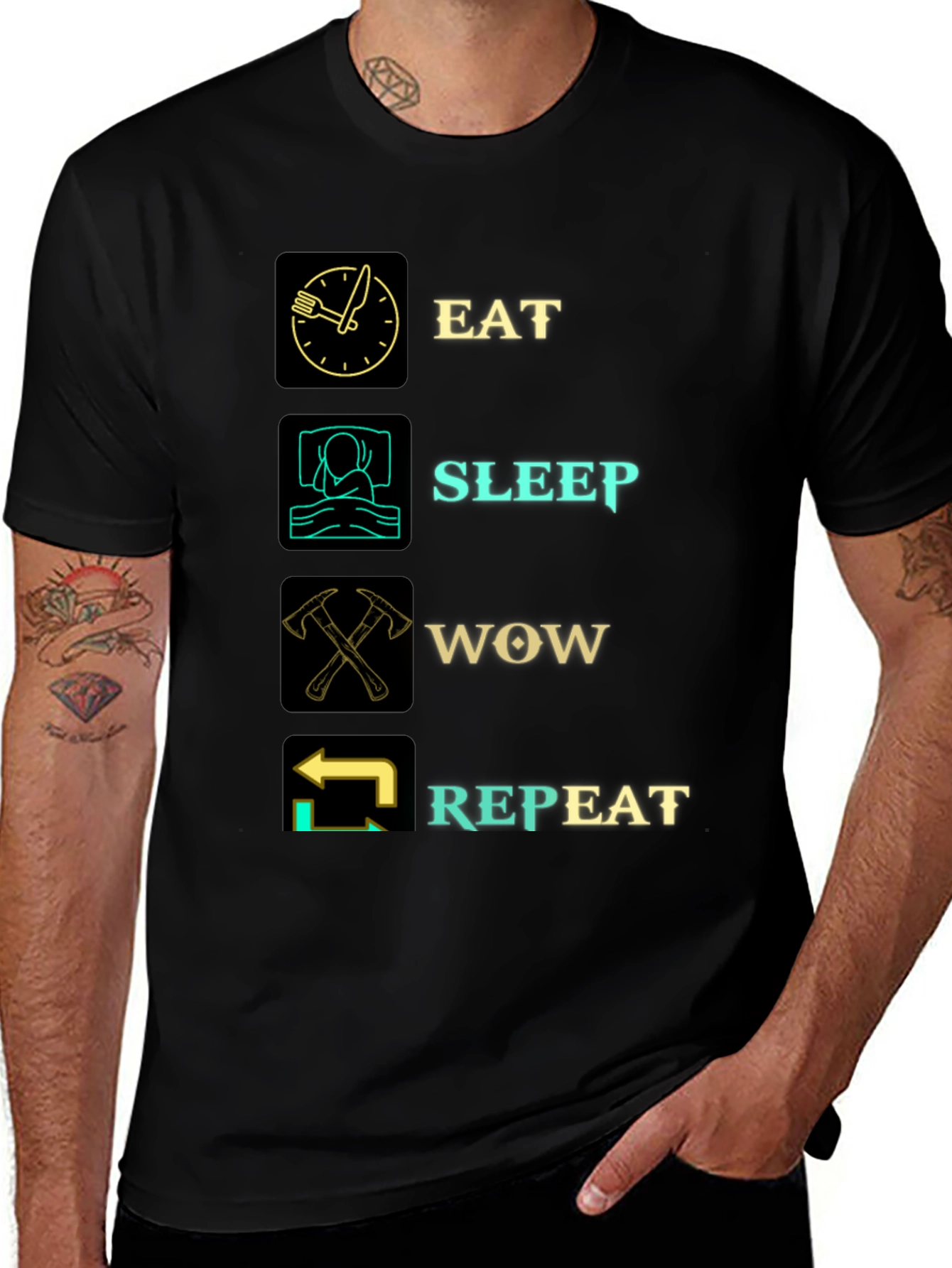 Eat Sleep WOW Repeat Black Graphic T-Shirt