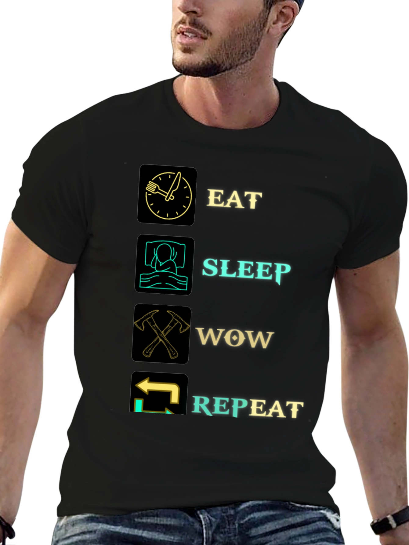 Eat Sleep WOW Repeat Black Graphic T-Shirt