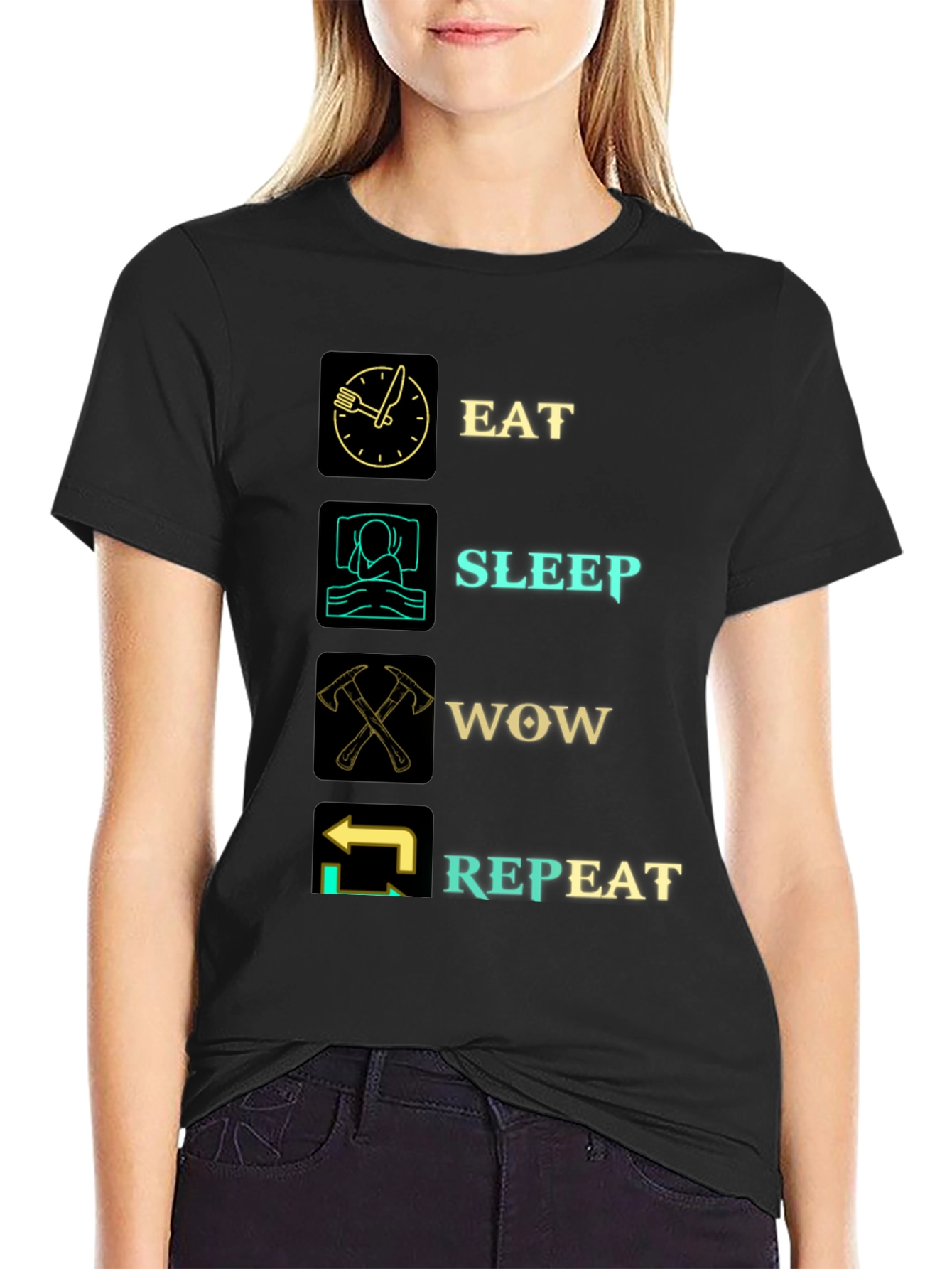 Eat Sleep WOW Repeat Black Graphic T-Shirt