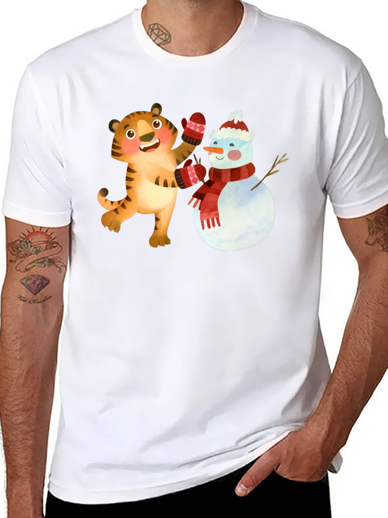 Festive Tiger & Snowman Graphic Tee