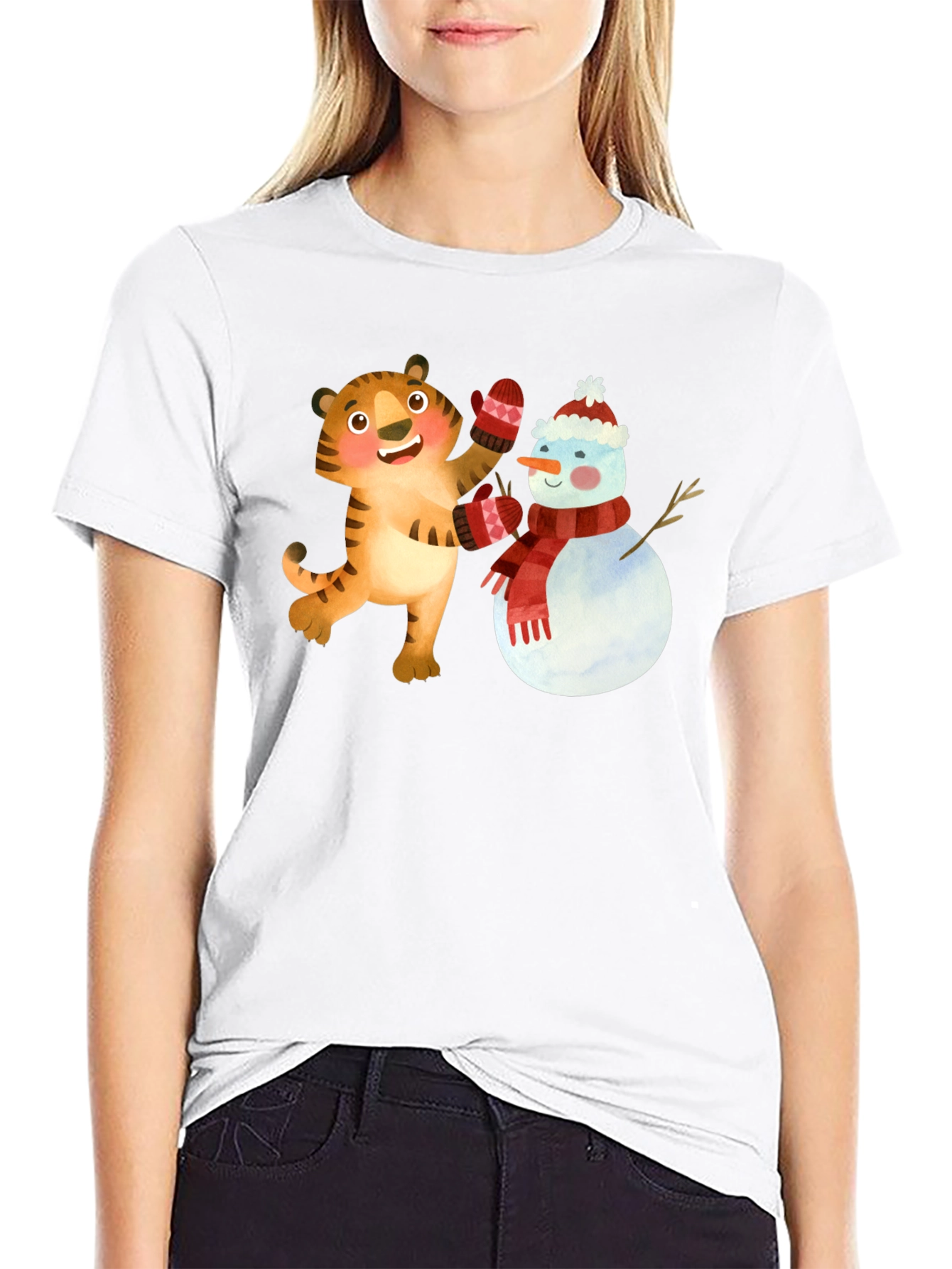 Festive Tiger & Snowman Graphic Tee