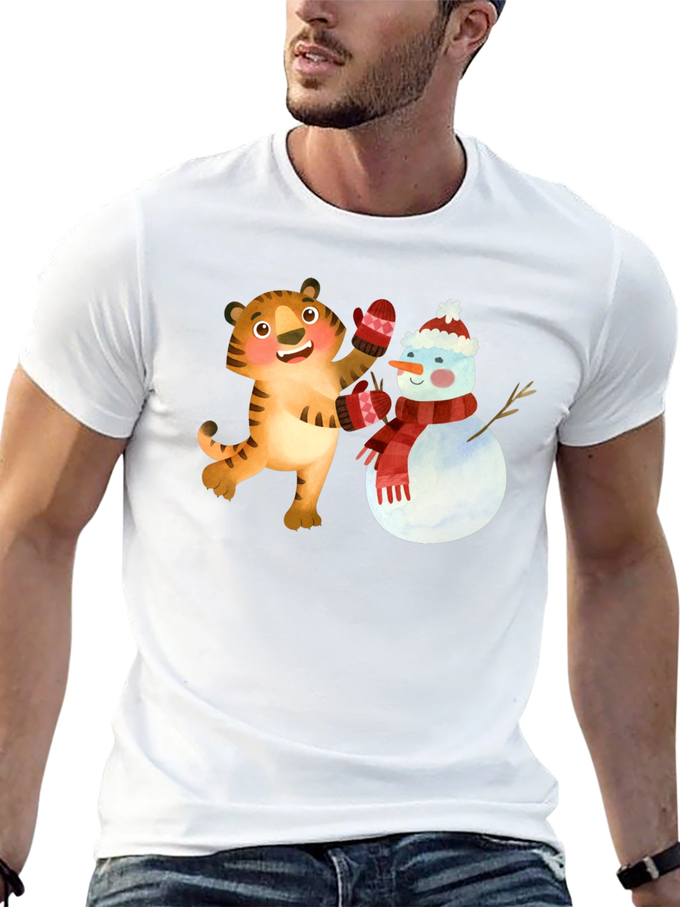 Festive Tiger & Snowman Graphic Tee