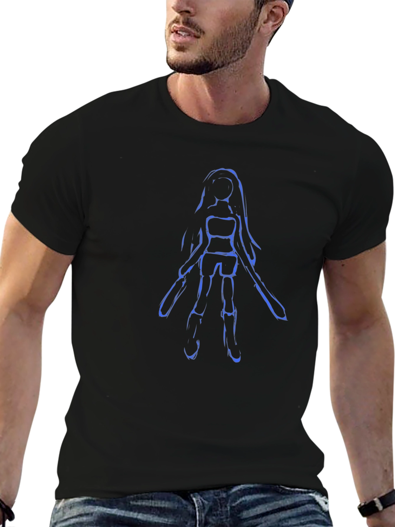 Blue Sketch Girl on Black Tee