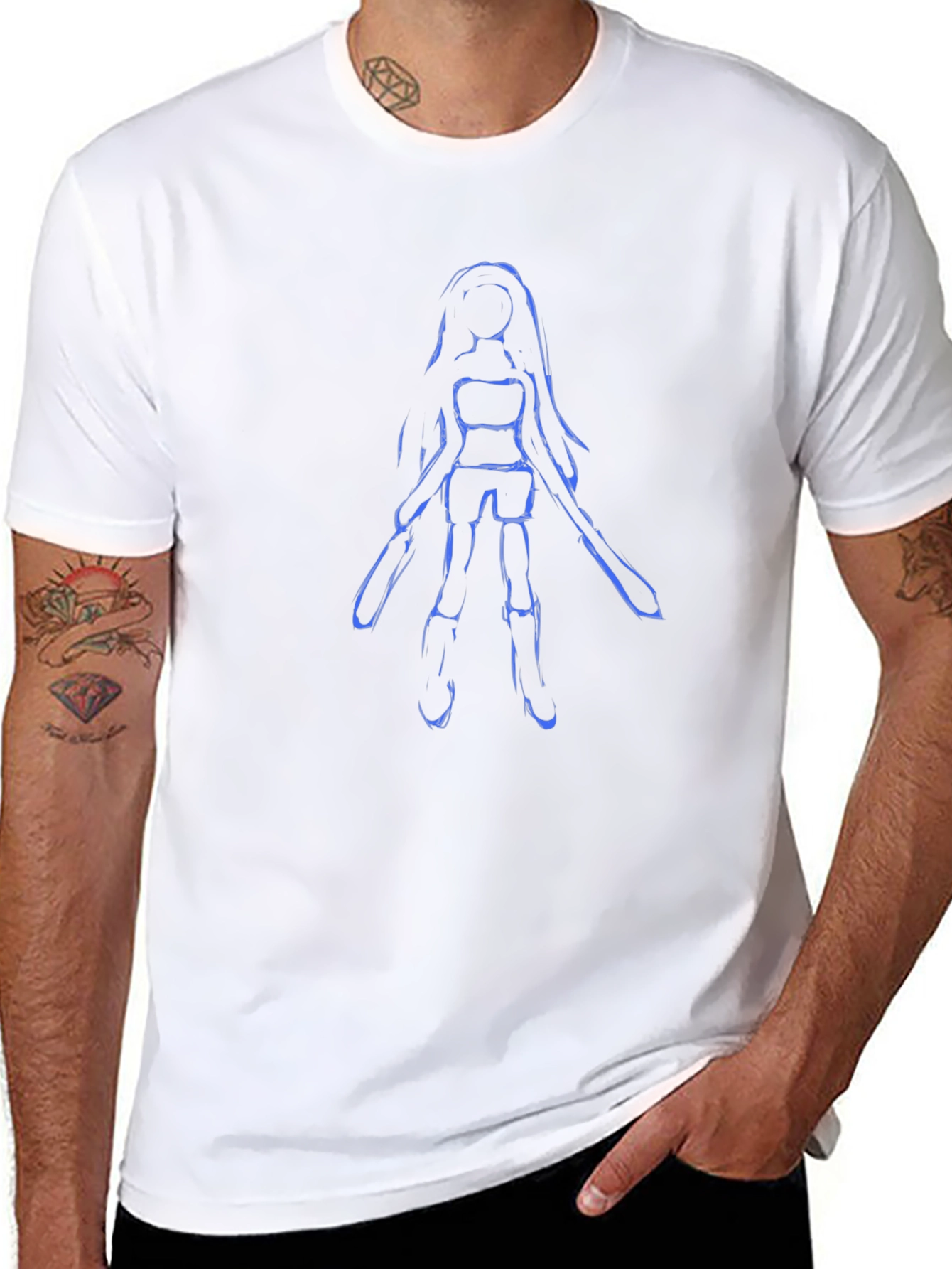 Blue Sketch Girl on Black Tee