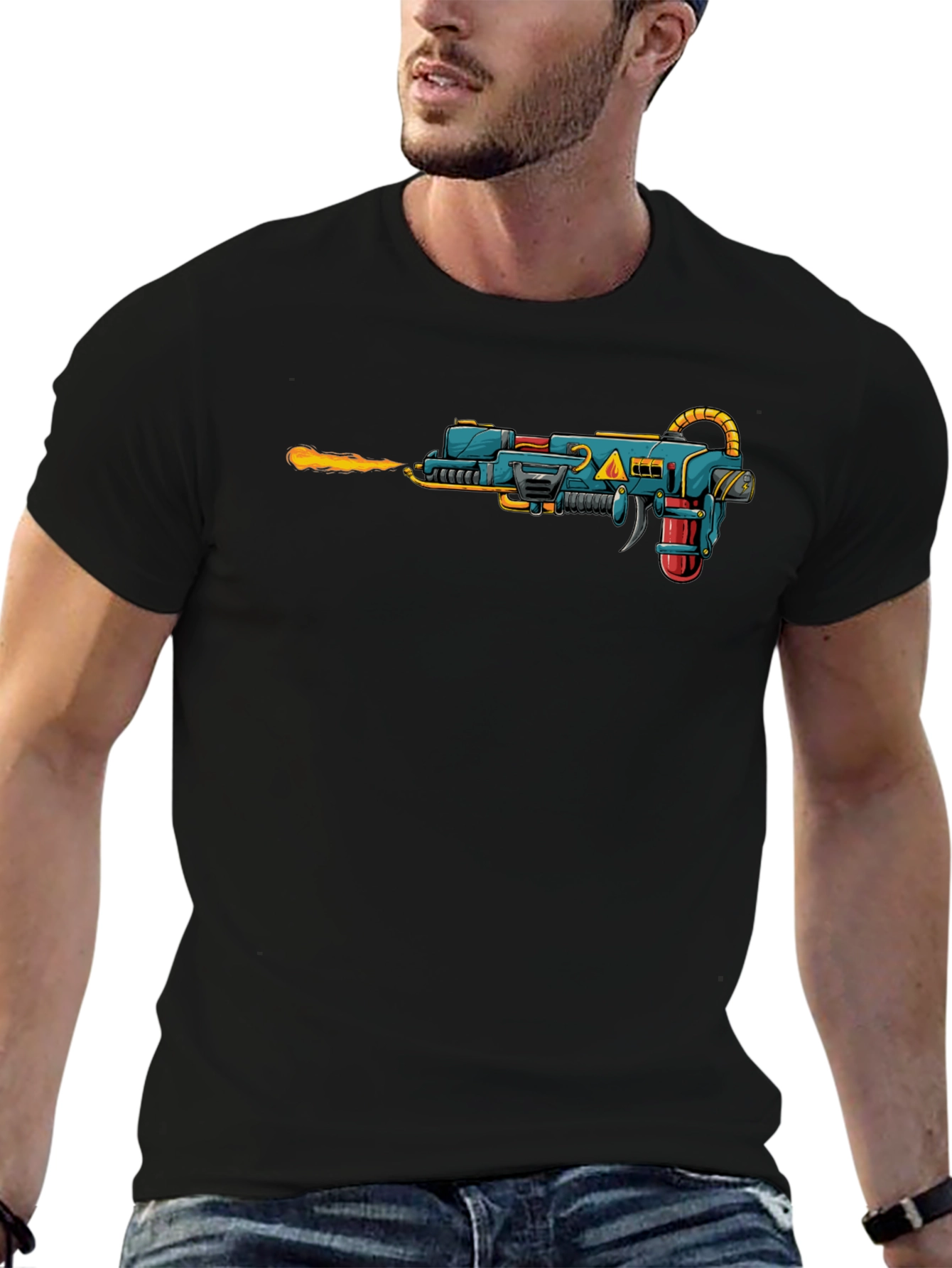 Sci-Fi Ray Gun Graphic Tee - Black Cotton T-Shirt