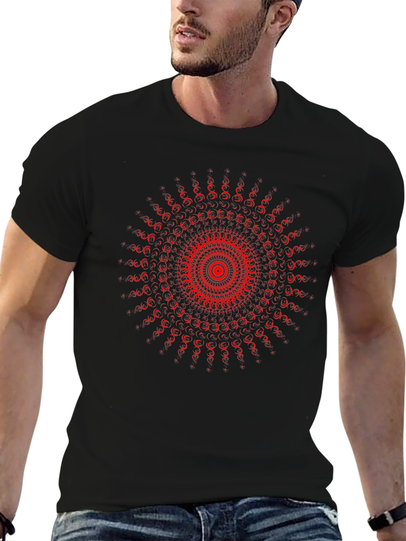 Red Mandala Graphic Black T-Shirt