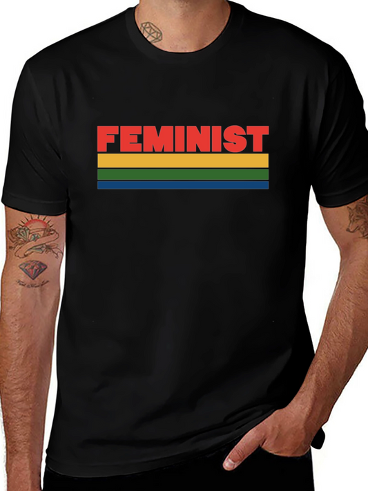 Feminist Rainbow Striped Graphic Tee - Black
