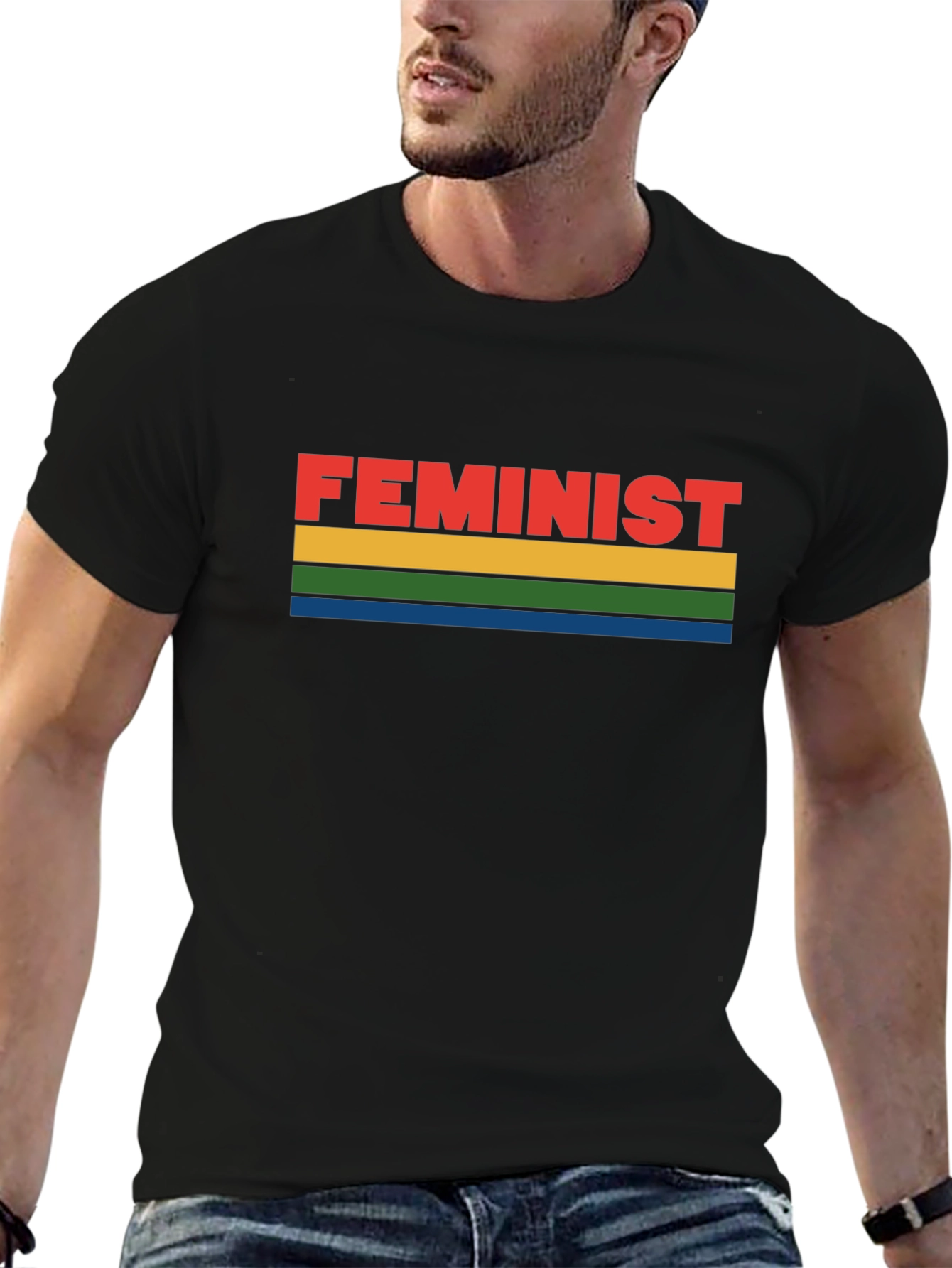 Feminist Rainbow Striped Graphic Tee - Black