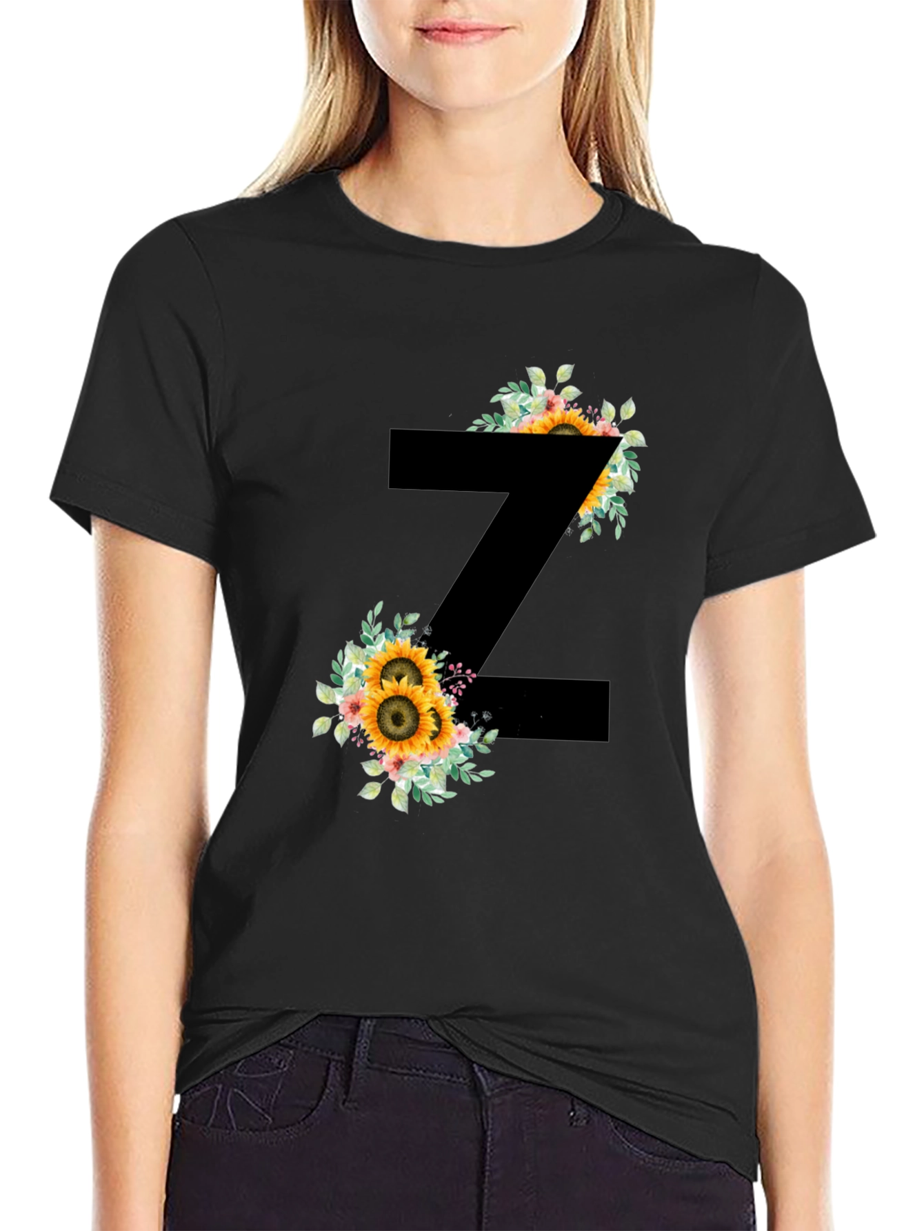 Floral Letter Z Black T-Shirt