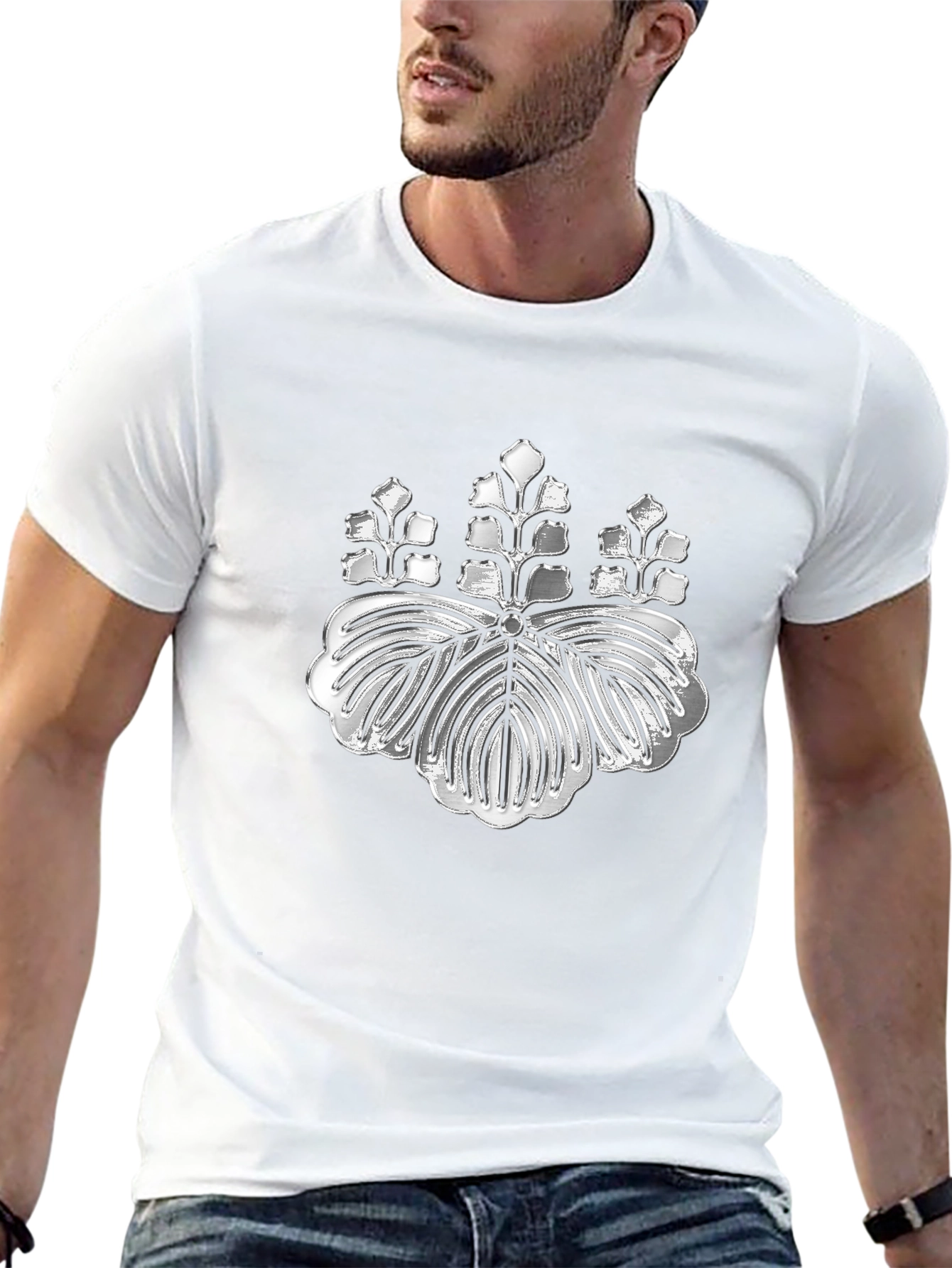 Silver Japanese Kamon Crest Black T-Shirt
