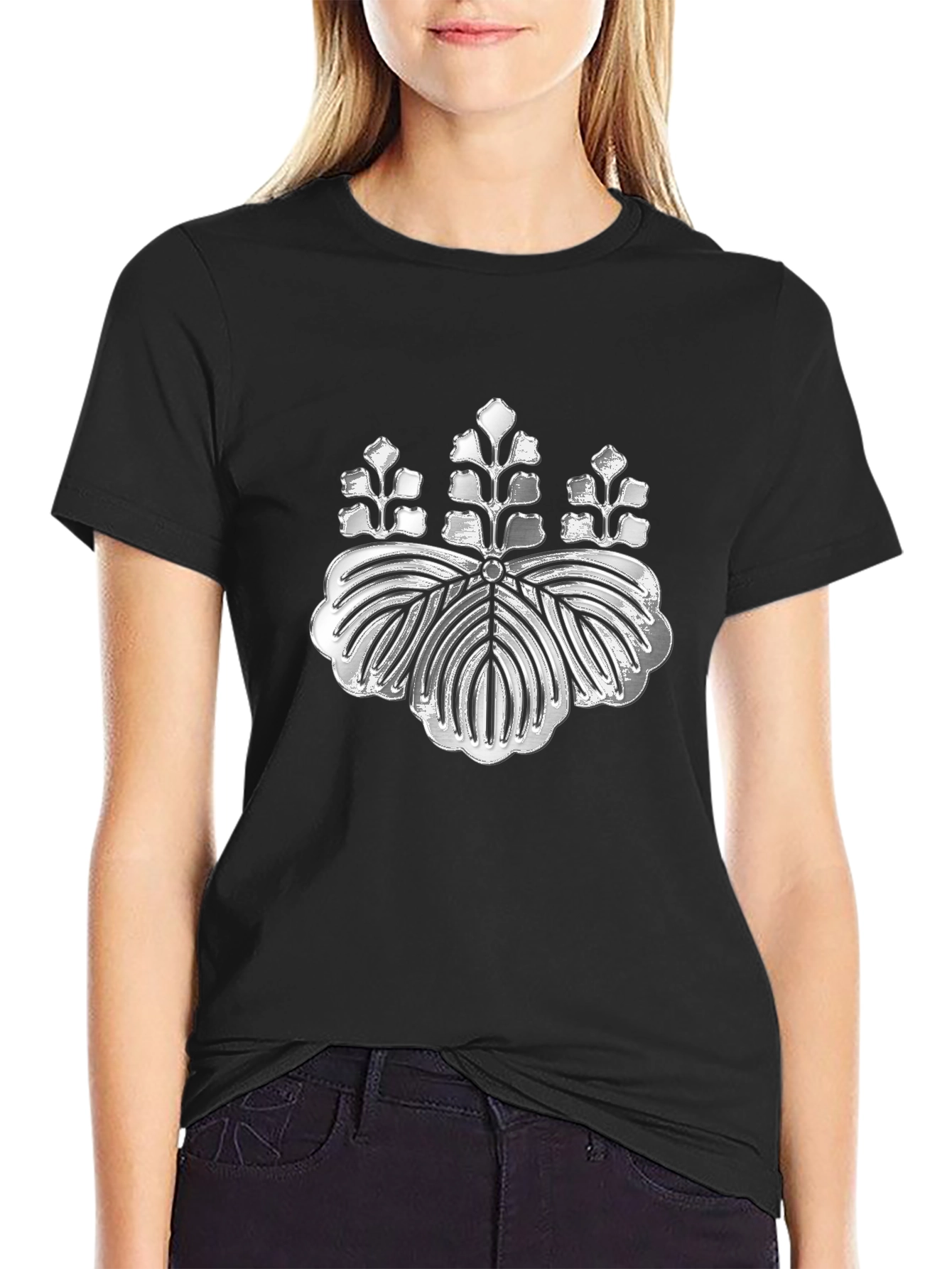 Silver Japanese Kamon Crest Black T-Shirt