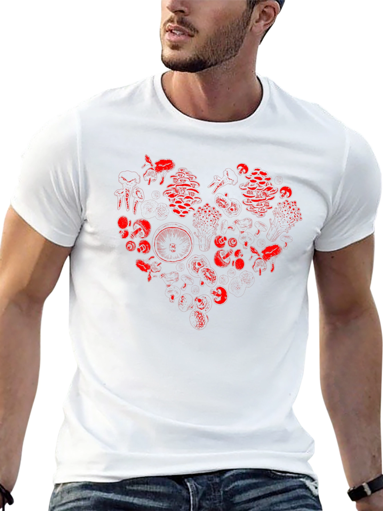 Red Mushroom Heart Graphic Black T-Shirt