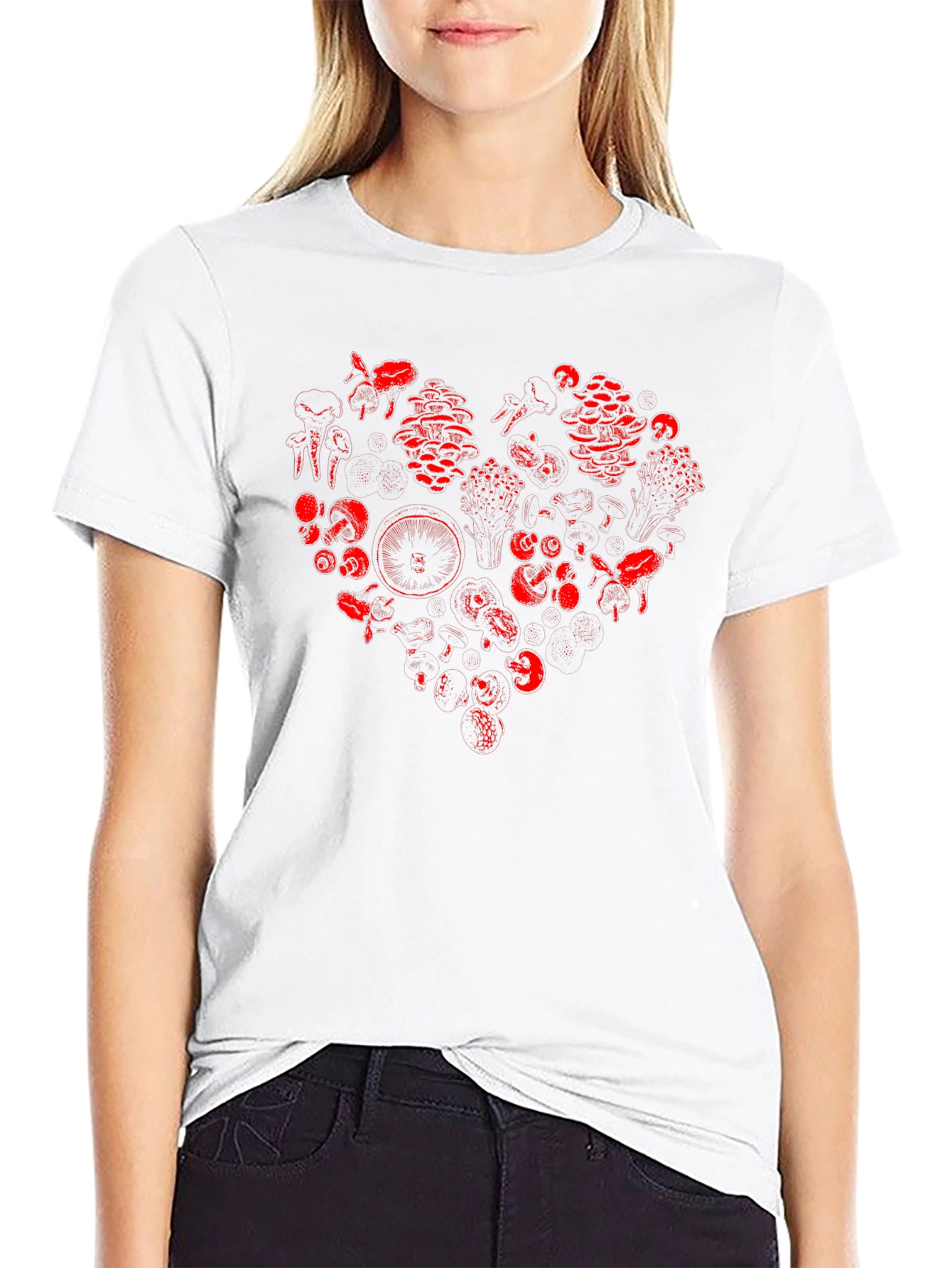 Red Mushroom Heart Graphic Black T-Shirt