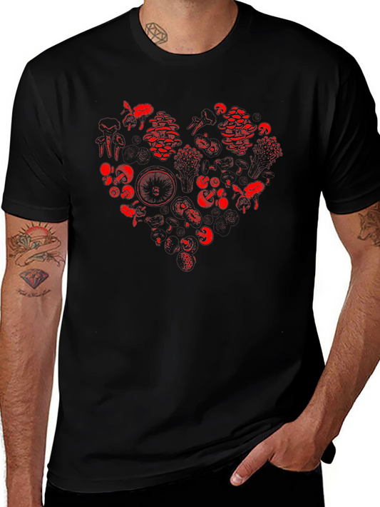Red Mushroom Heart Graphic Black T-Shirt