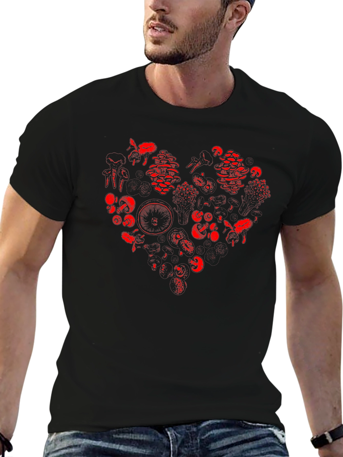 Red Mushroom Heart Graphic Black T-Shirt