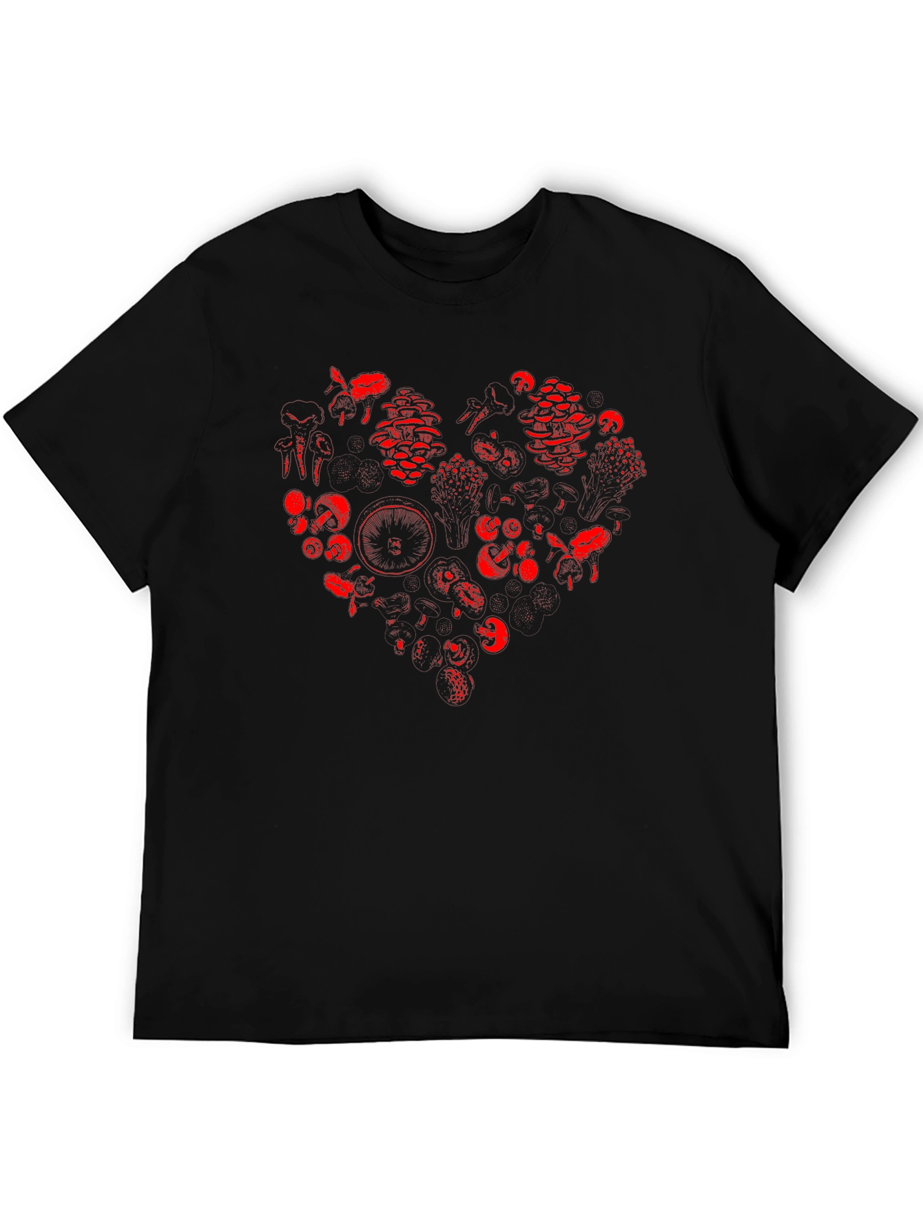 Red Mushroom Heart Graphic Black T-Shirt