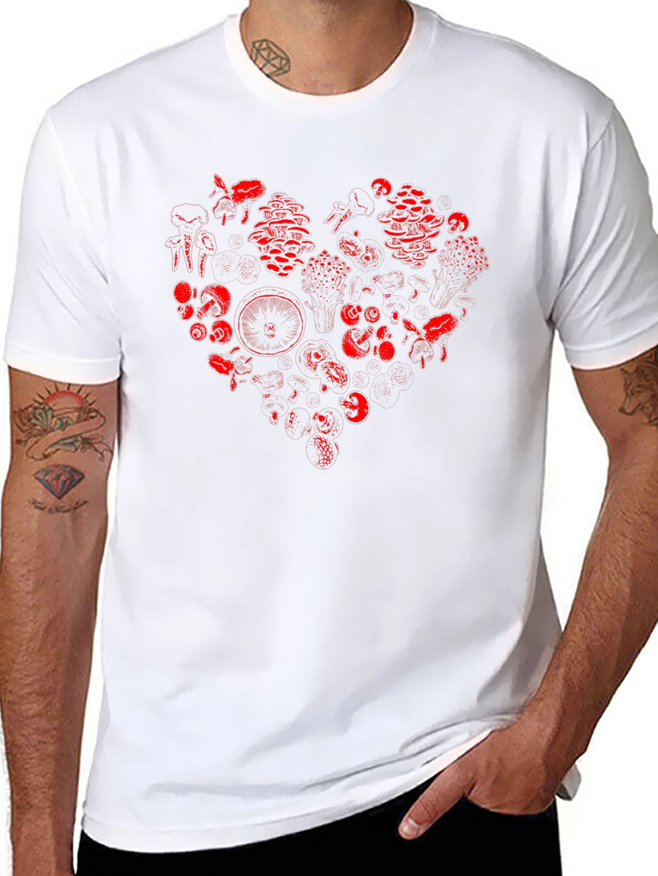 Red Mushroom Heart Graphic Black T-Shirt
