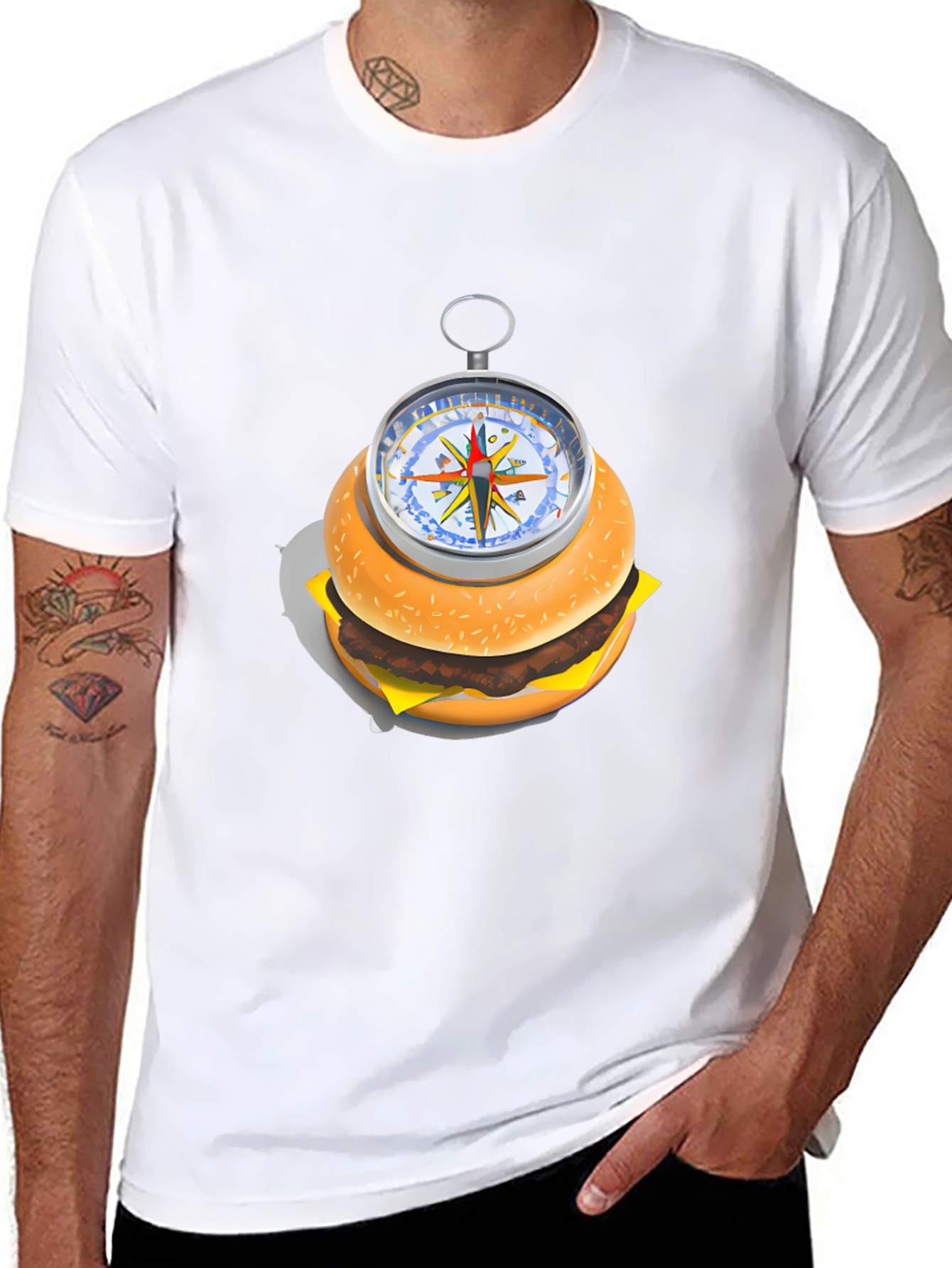 Burger Compass Graphic Tee - Novelty Foodie T-Shirt