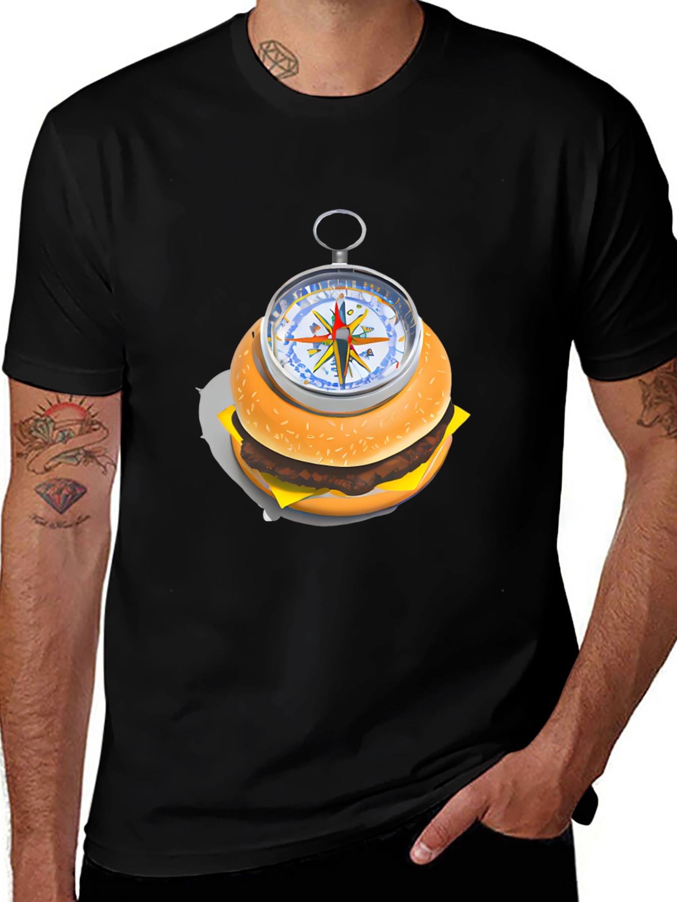 Burger Compass Graphic Tee - Novelty Foodie T-Shirt