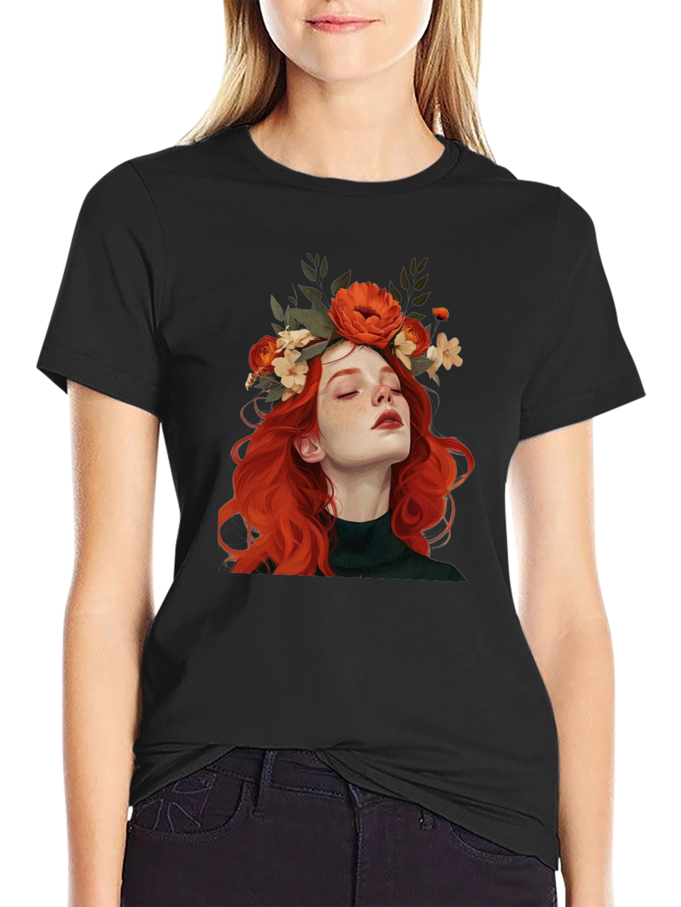 Floral Crown Woman Graphic Black T-Shirt