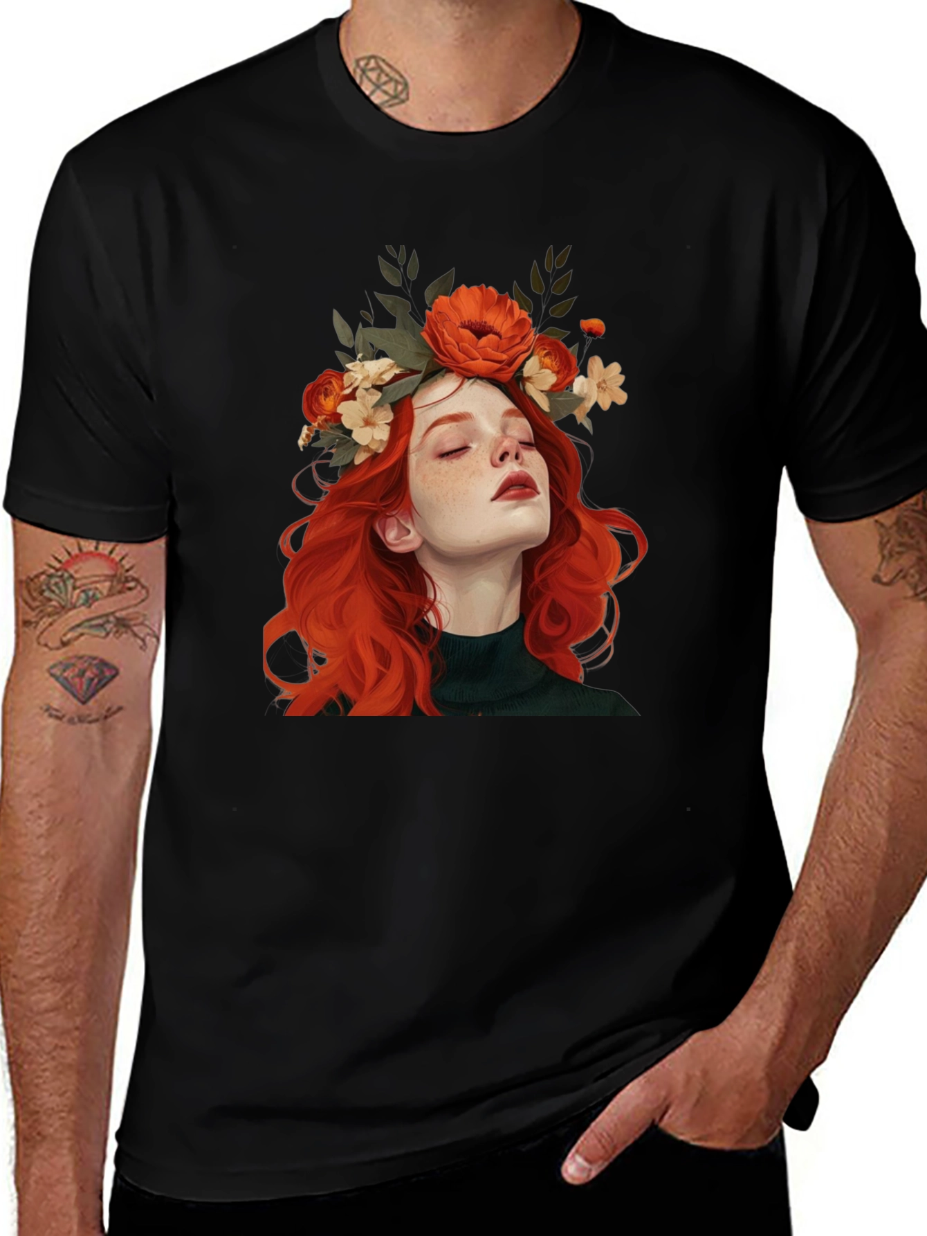 Floral Crown Woman Graphic Black T-Shirt