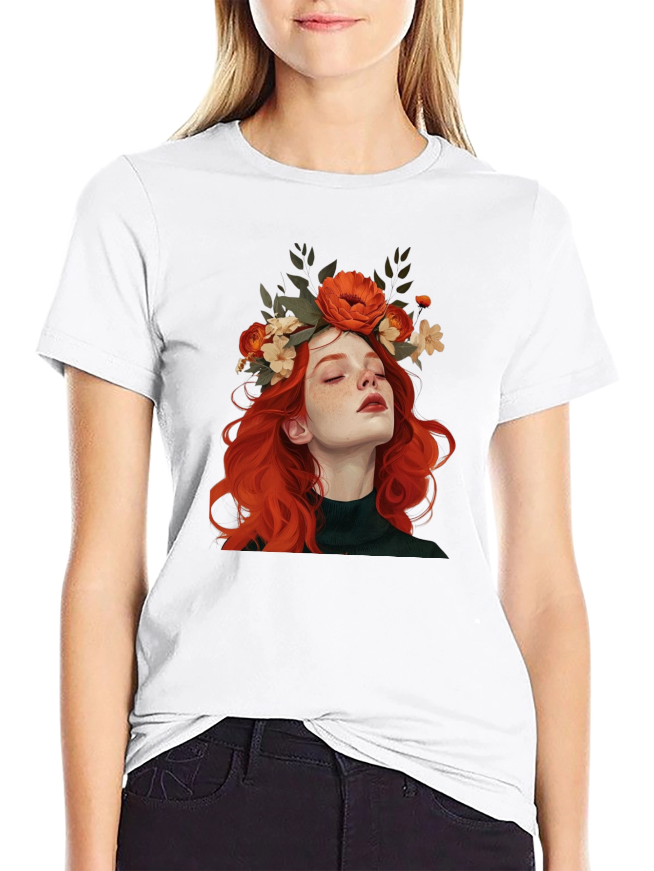 Floral Crown Woman Graphic Black T-Shirt