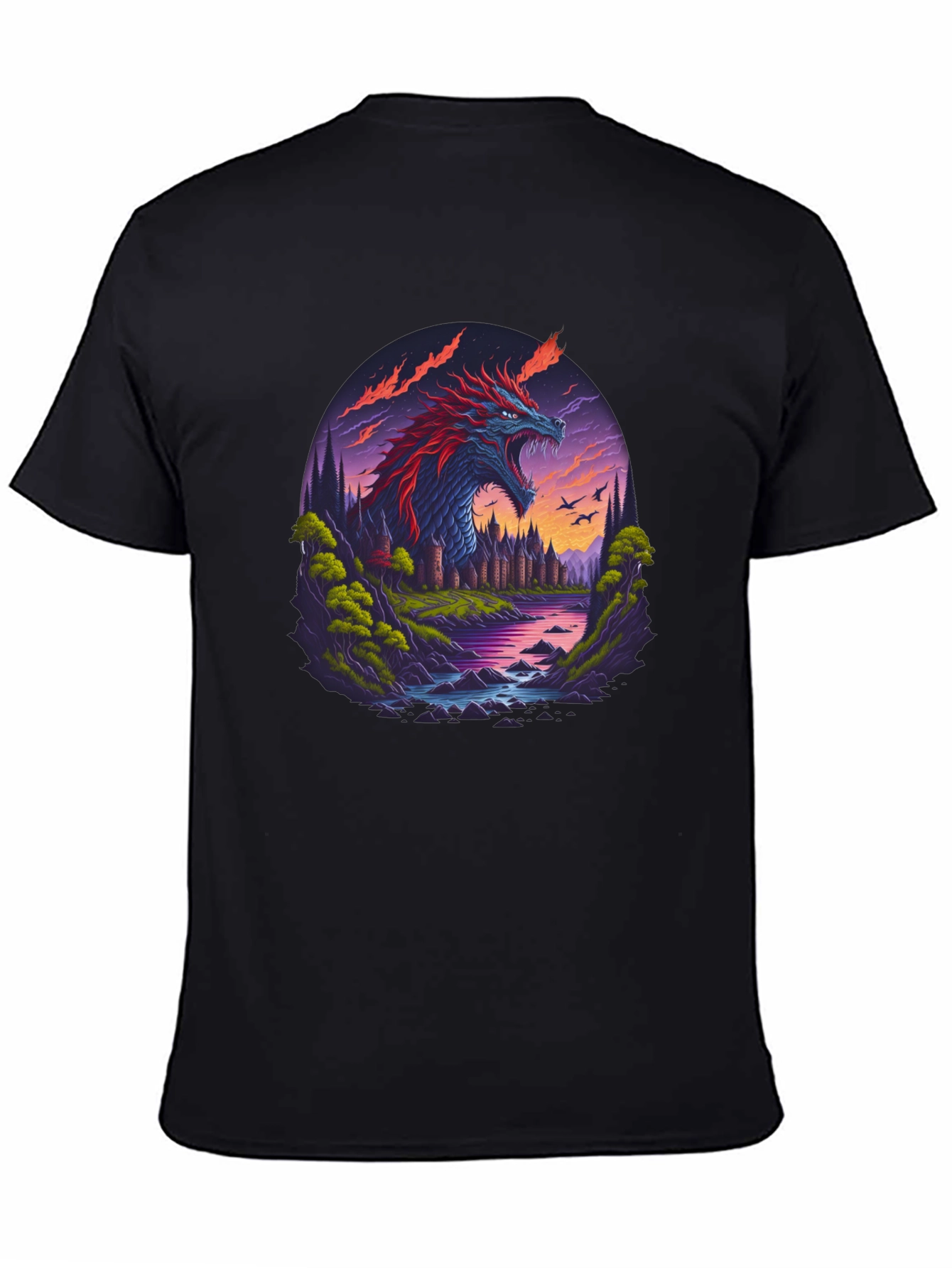 Dragon Castle Graphic Print Black T-Shirt