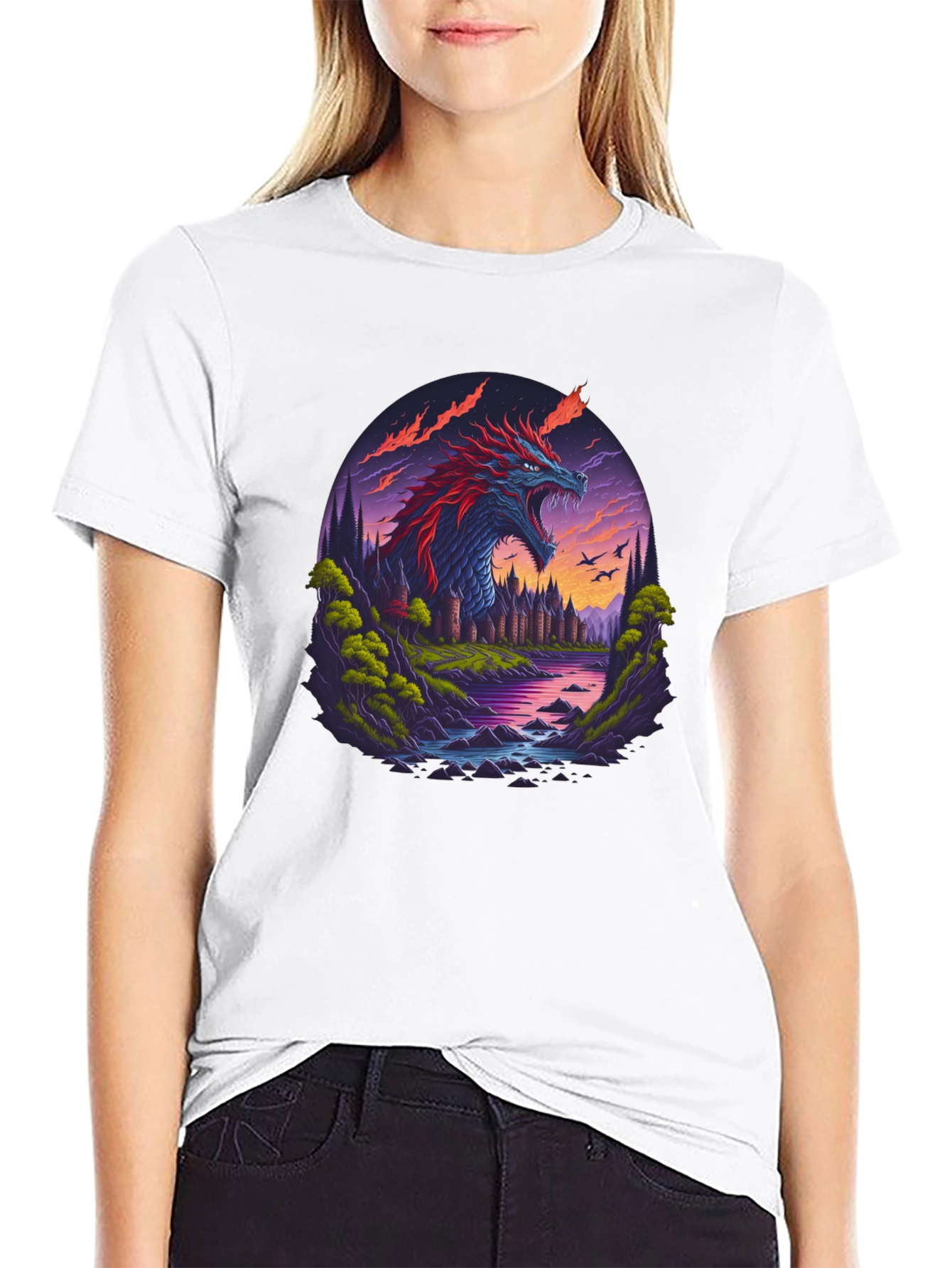 Dragon Castle Graphic Print Black T-Shirt