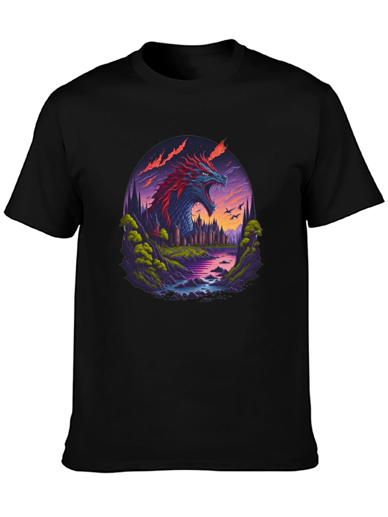 Dragon Castle Graphic Print Black T-Shirt