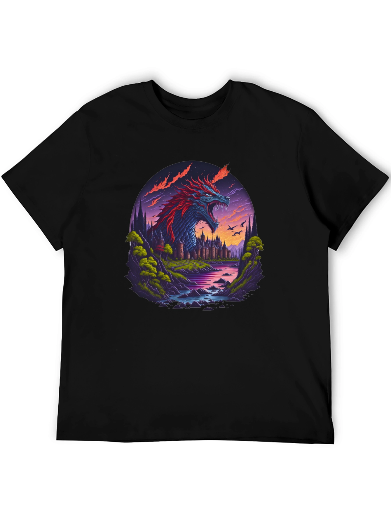 Dragon Castle Graphic Print Black T-Shirt