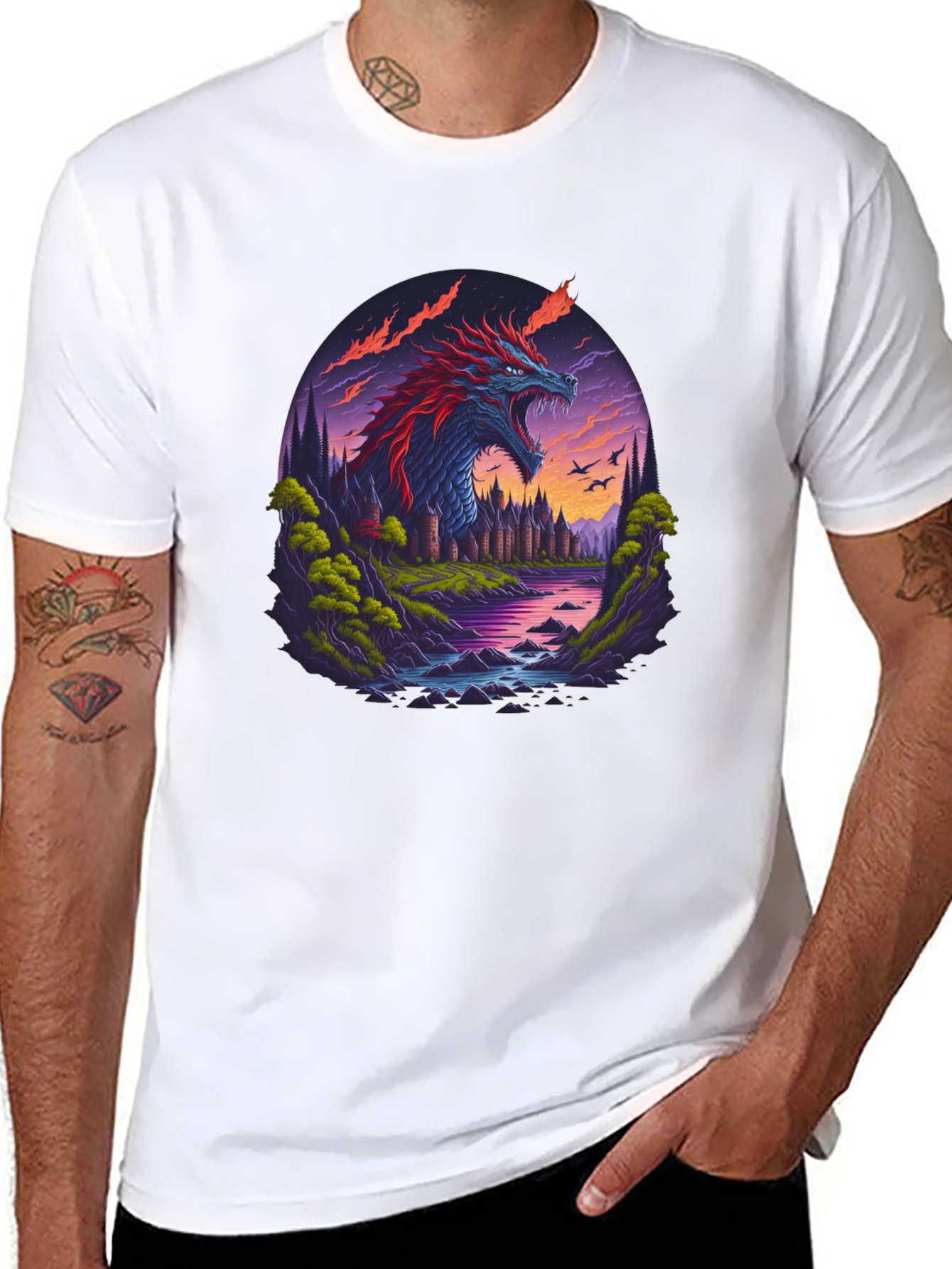 Dragon Castle Graphic Print Black T-Shirt