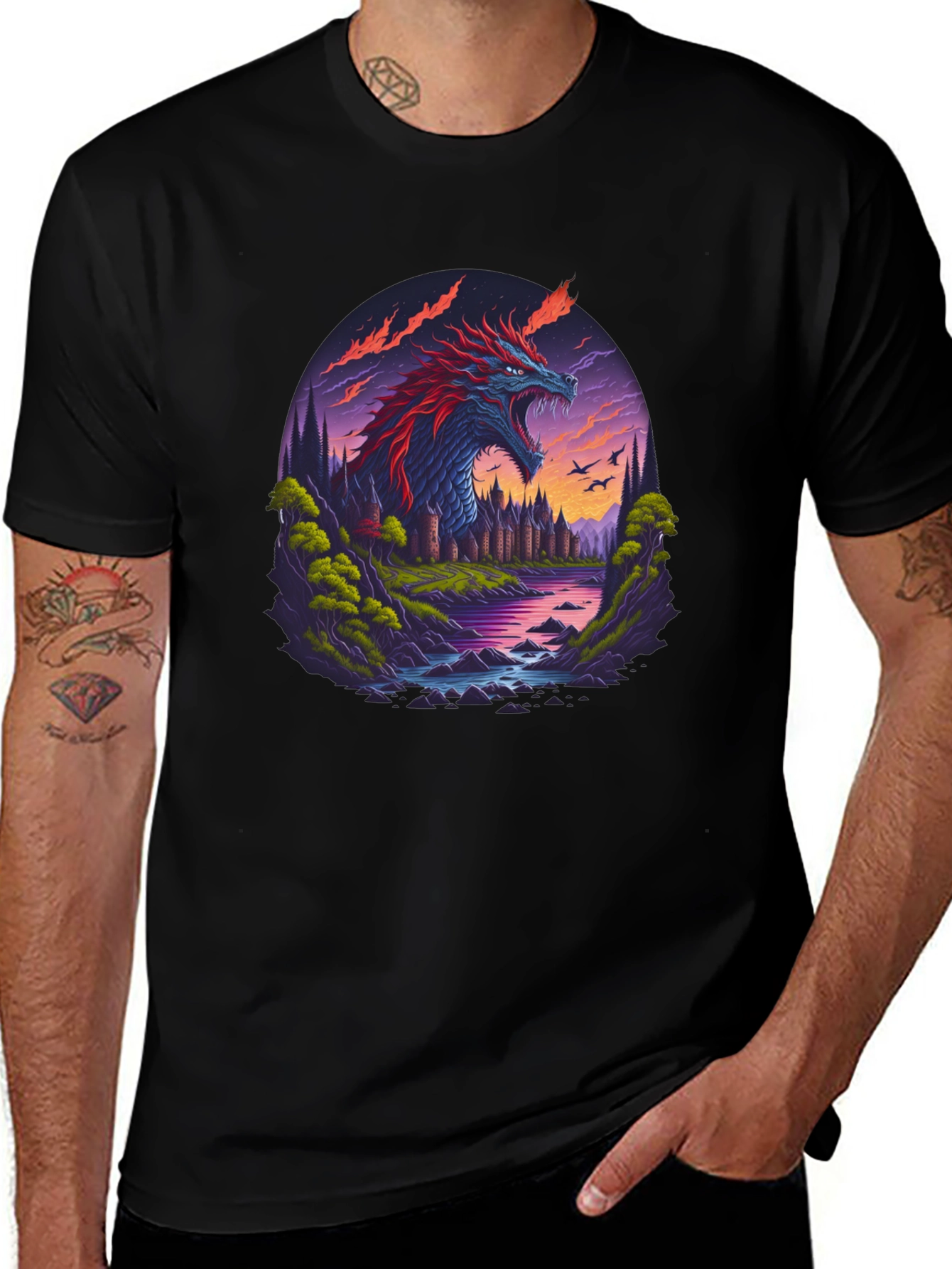 Dragon Castle Graphic Print Black T-Shirt