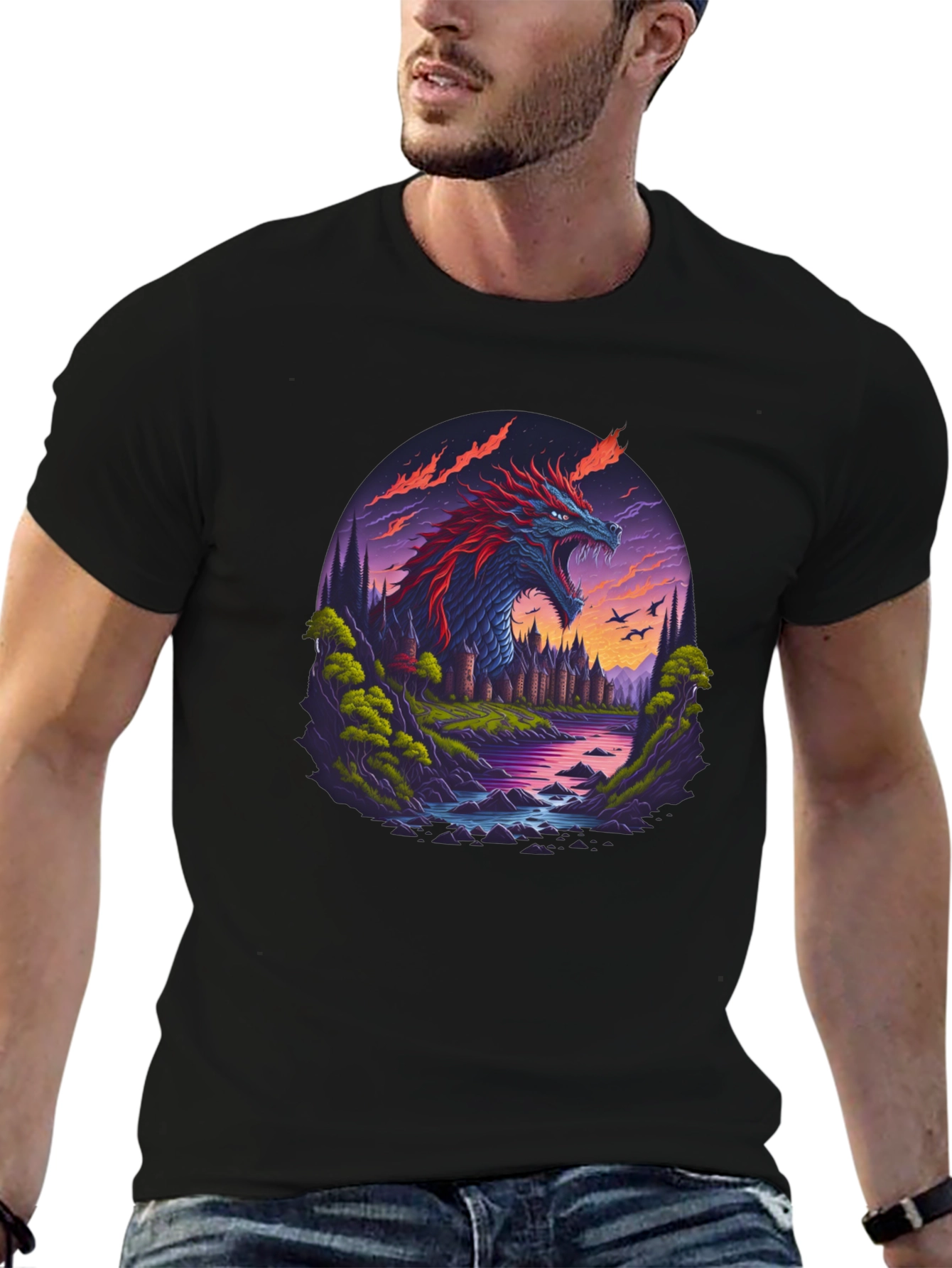 Dragon Castle Graphic Print Black T-Shirt