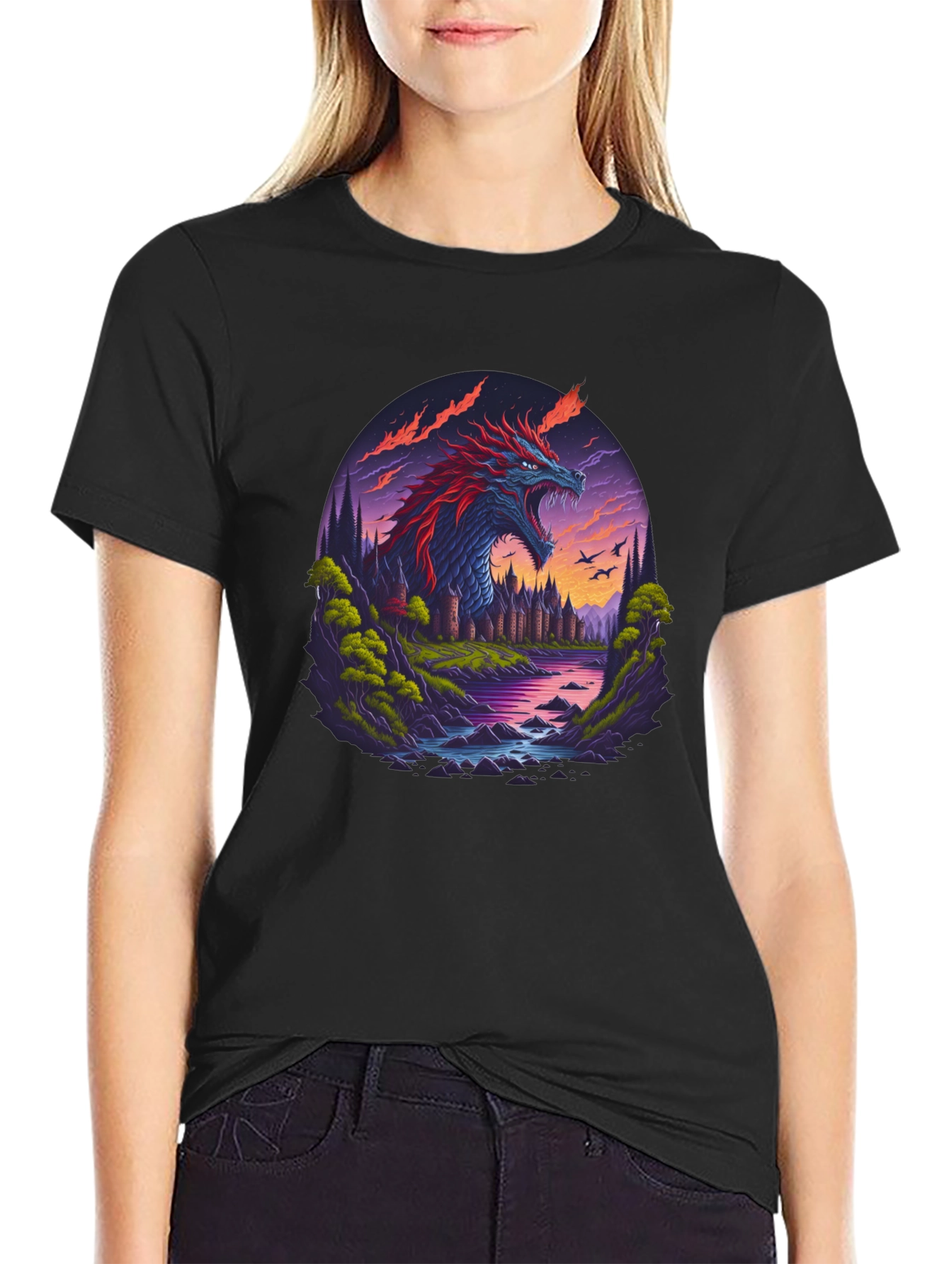 Dragon Castle Graphic Print Black T-Shirt
