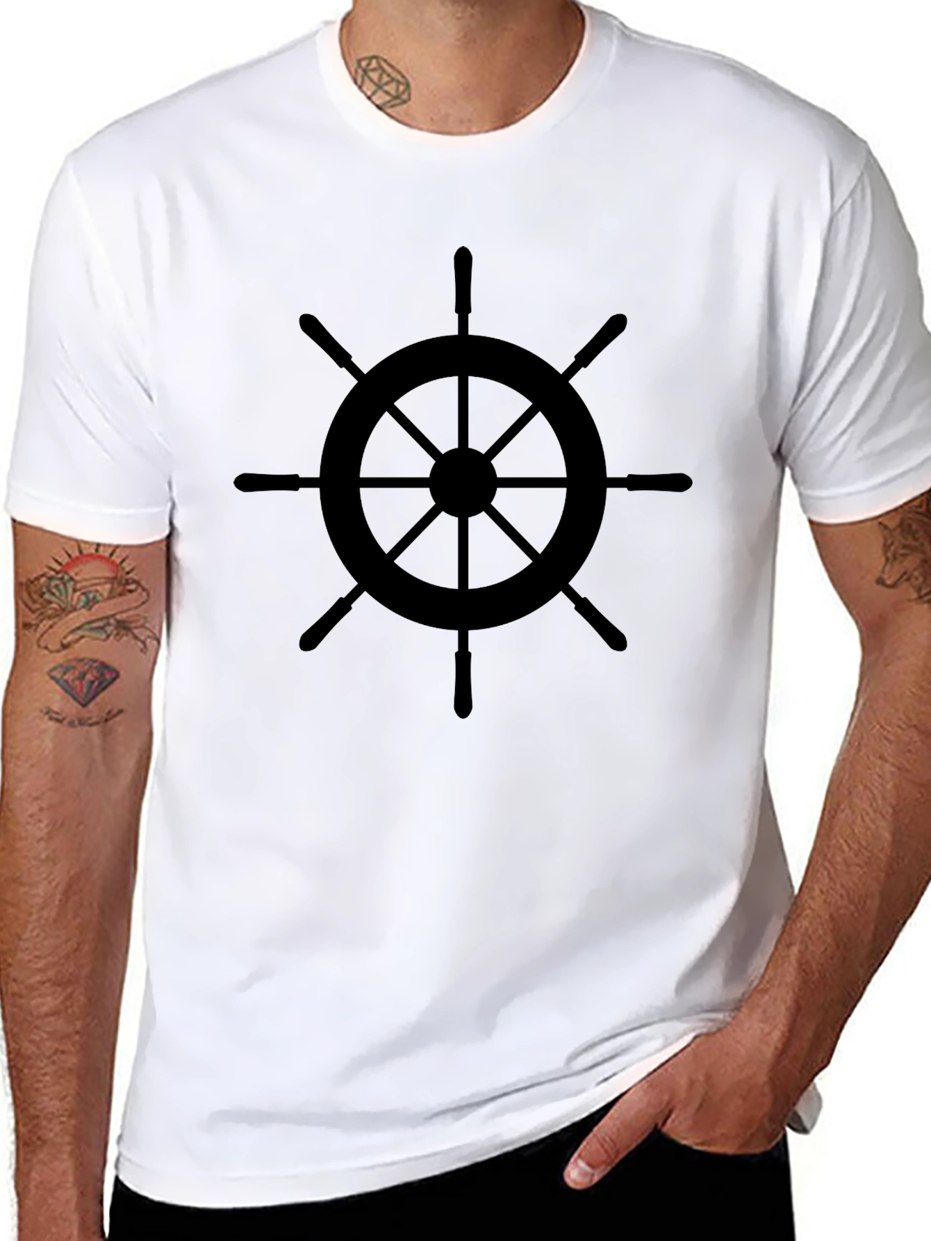 Nautical Wheel Graphic Tee - Black Cotton T-Shirt
