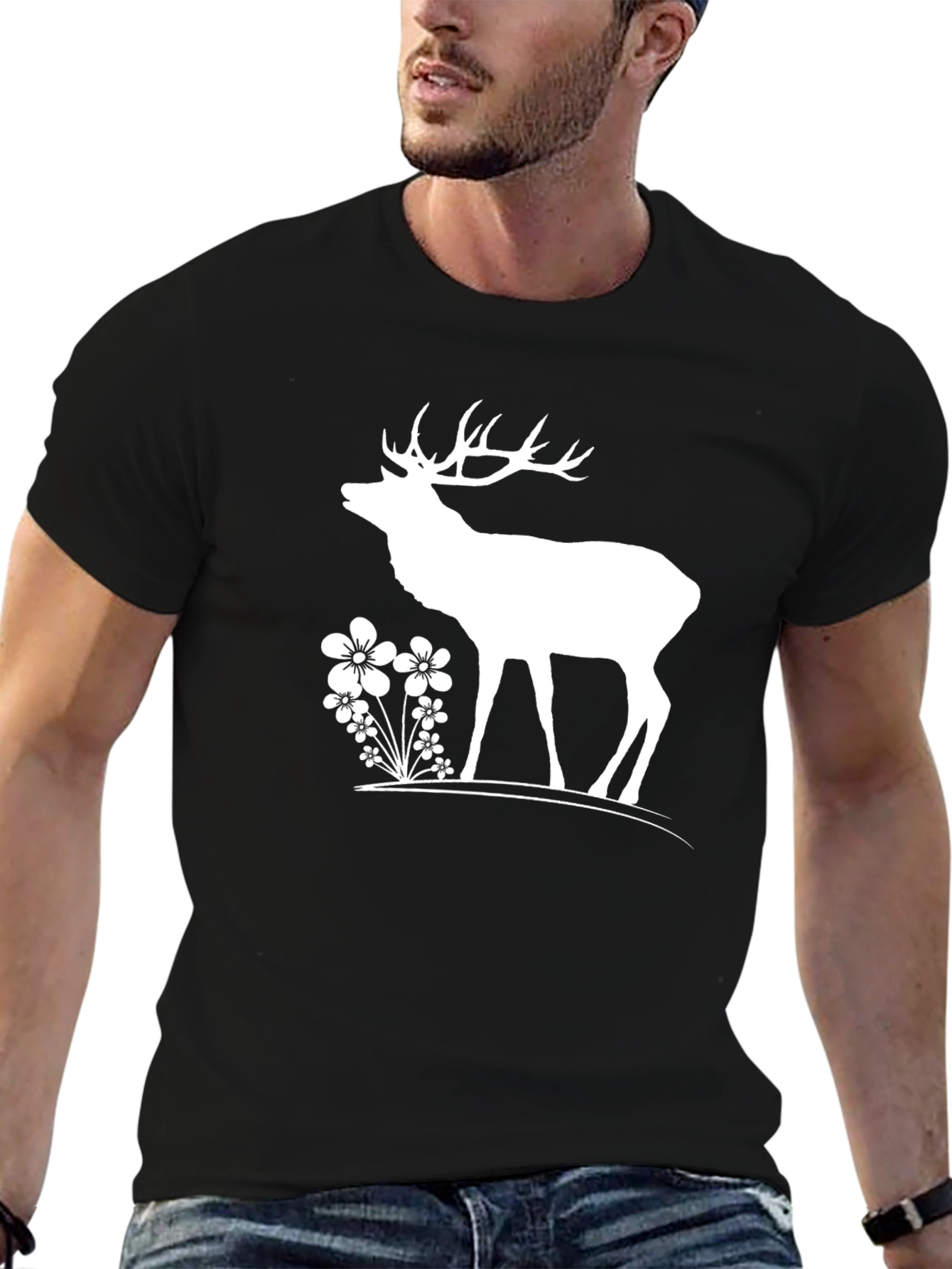Deer & Flowers Graphic T-Shirt - Black