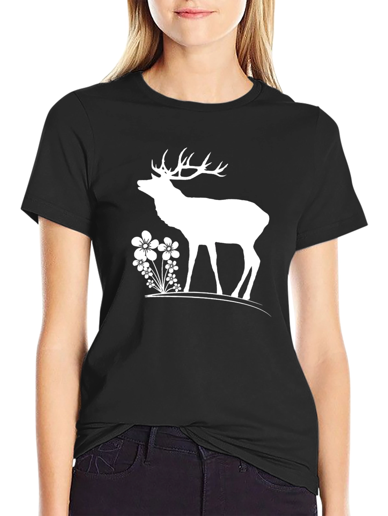 Deer & Flowers Graphic T-Shirt - Black