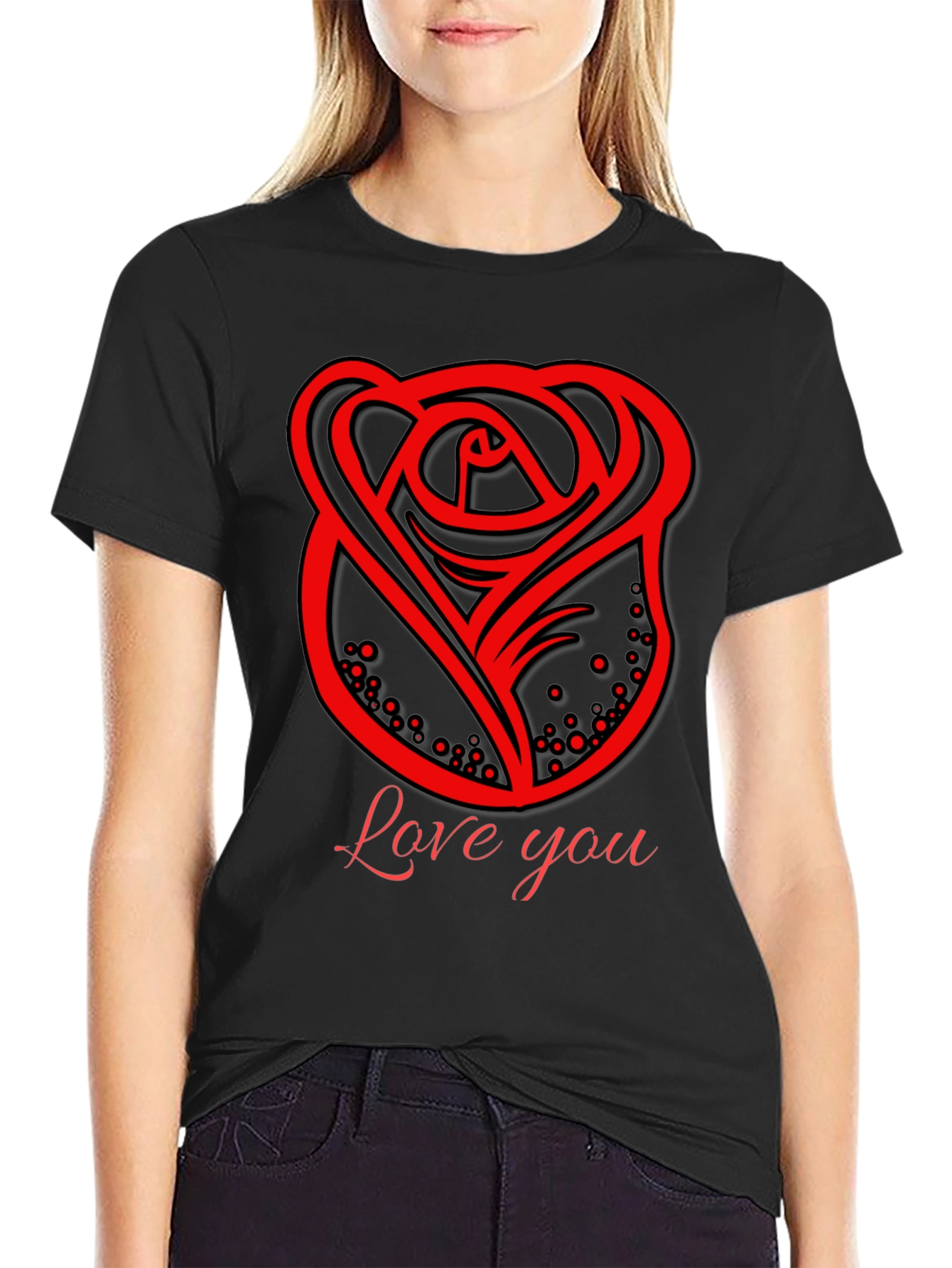 Love You Rose Graphic Black T-Shirt