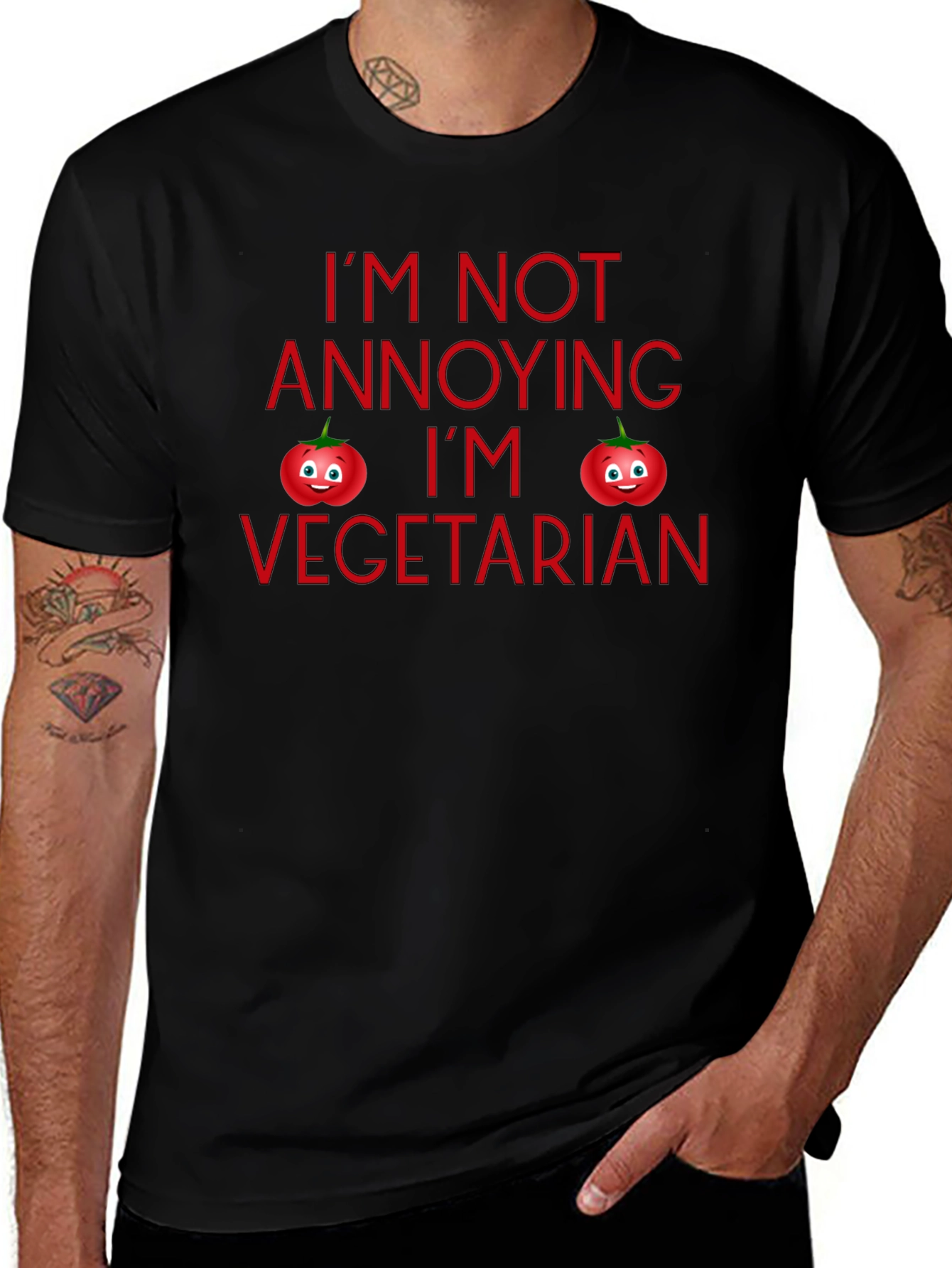 Funny Vegetarian Tomato Graphic Black T-Shirt