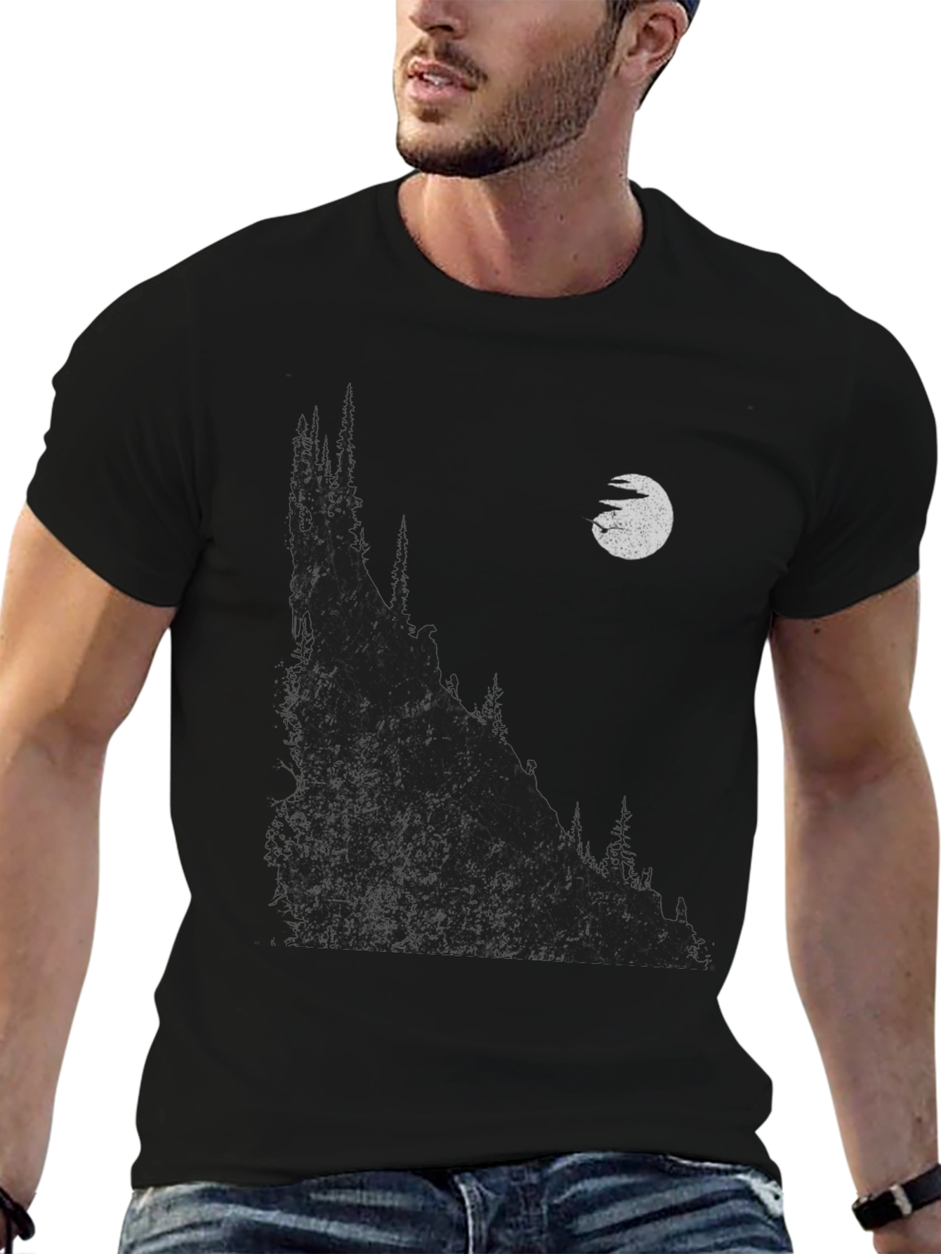 Mens Black Graphic T-Shirt - Mountain & Moon Design