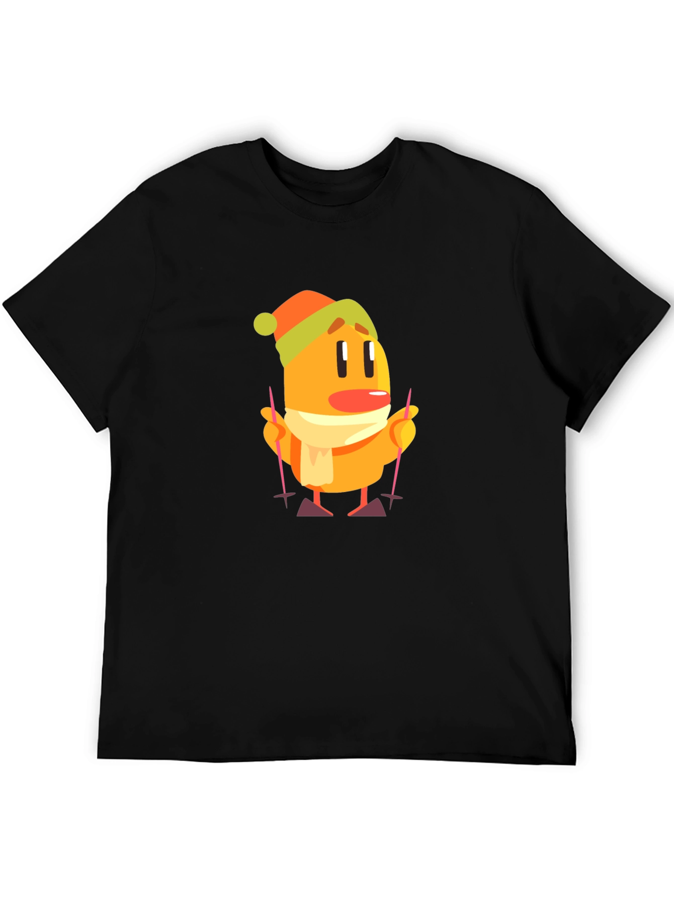 Cartoon Skiing Character Black T-Shirt