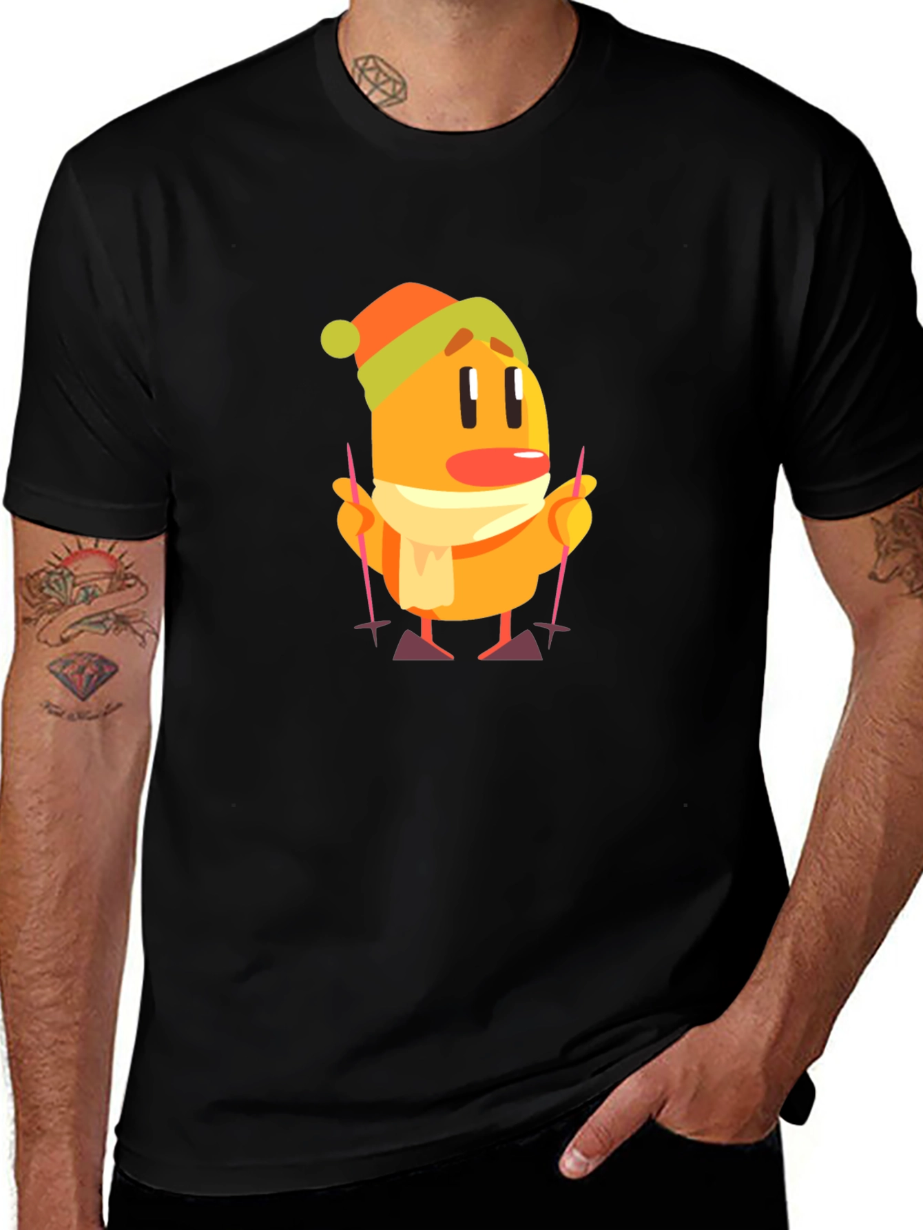 Cartoon Skiing Character Black T-Shirt
