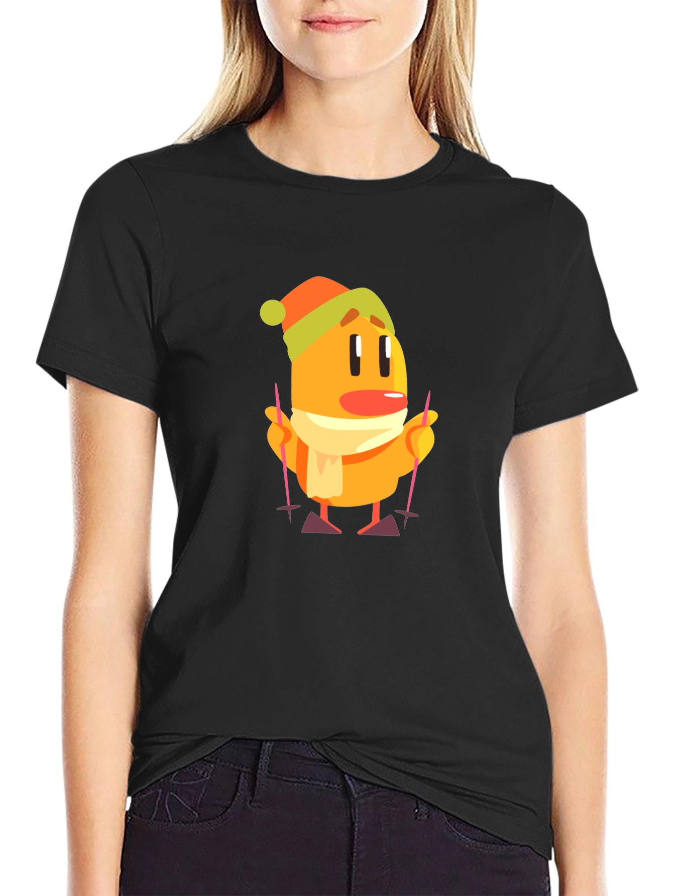 Cartoon Skiing Character Black T-Shirt