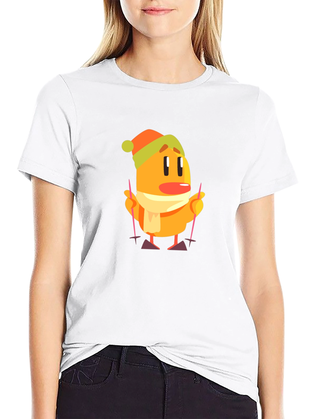 Cartoon Skiing Character Black T-Shirt