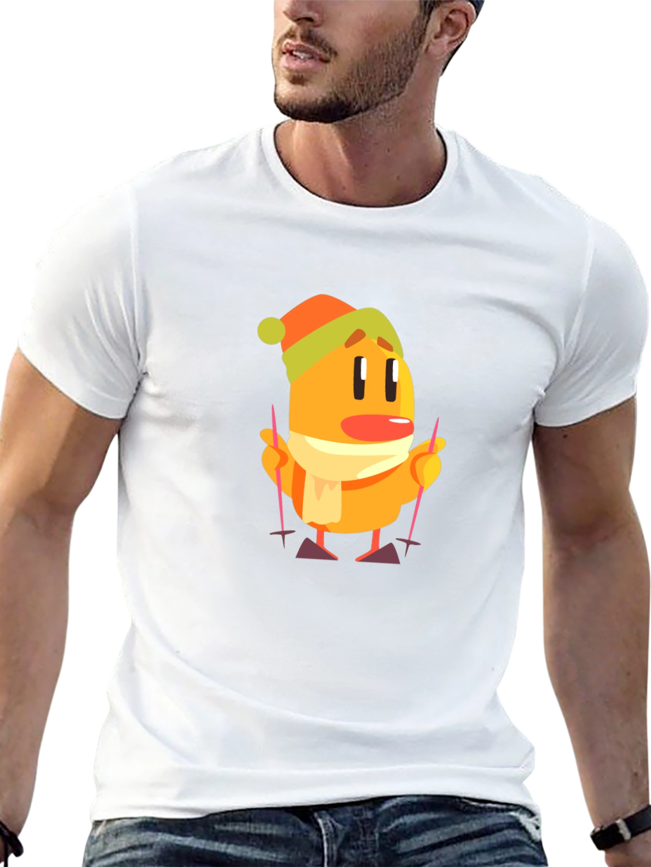 Cartoon Skiing Character Black T-Shirt