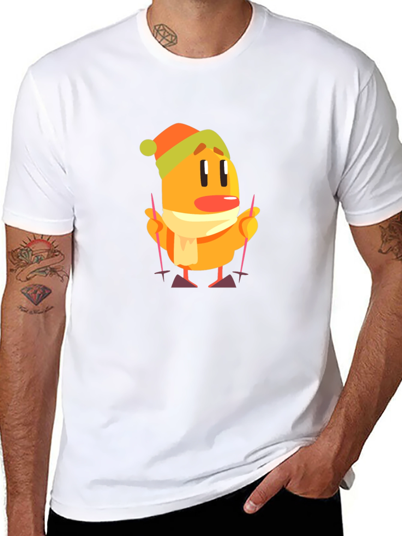 Cartoon Skiing Character Black T-Shirt