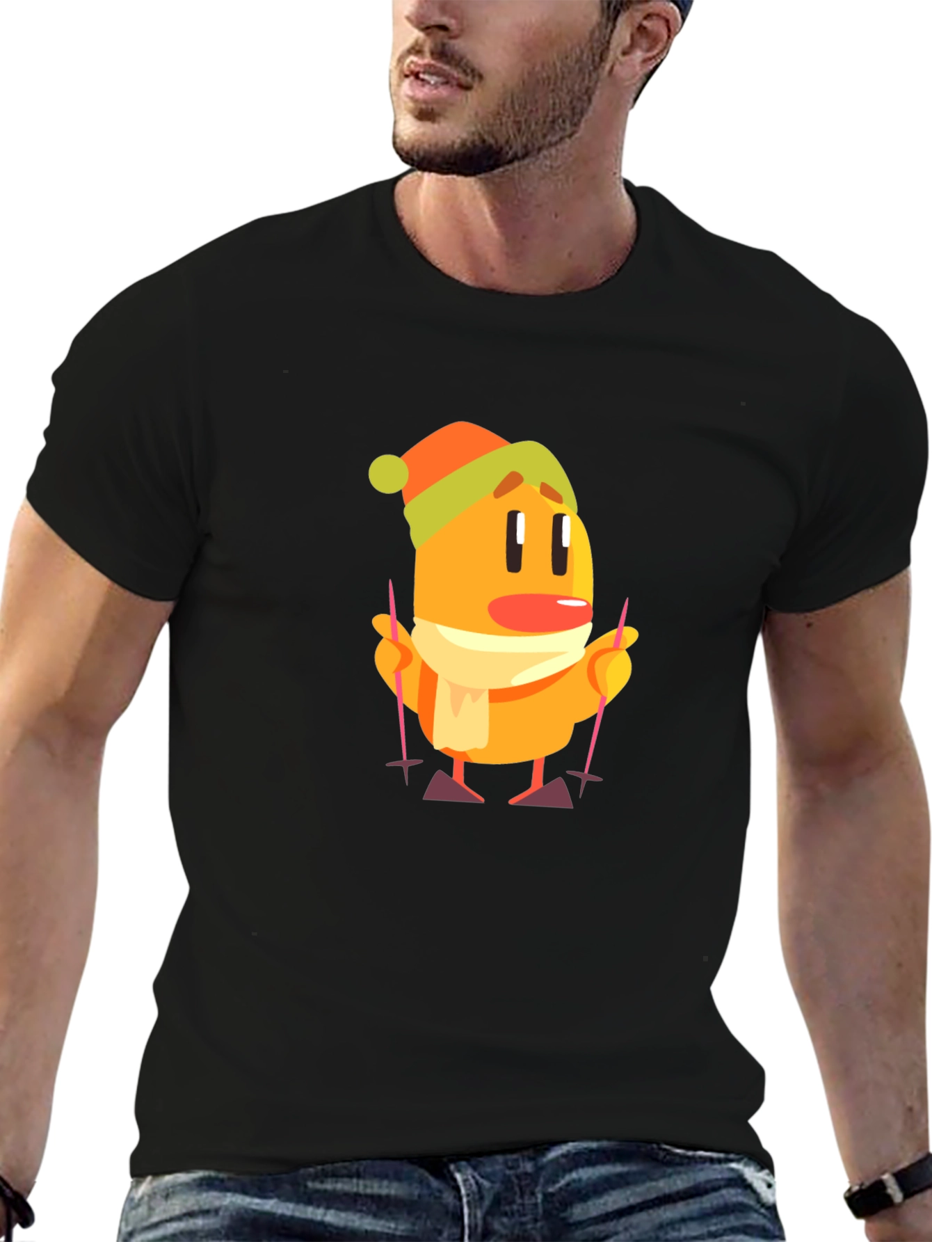 Cartoon Skiing Character Black T-Shirt